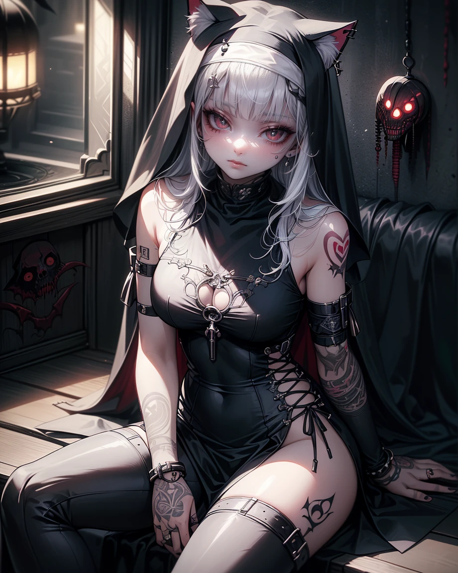 {{masterpiece, best quality, extremely detailed CG, unity 8k wallpaper,anatomically correct,ultra resolution}},Award-winning photography,(best illumination,Very Delicate and Beautiful),{one girl,solo,loli:1.5},Vampire,silver hair,(twintails:1.2),glowing red eyes,pale skin,(extremely beautiful and detailed face:1.2), (extremely beautiful and detailed eyes:1.2),perfect hands,delicate legs,((bat hair ornament)),(epic,fashion),pointy ears,((black leather long coat:1.5,black leather catsuit with zipper,black leather shoes,black leather gloves,popped collar:1.3)),looking at viewer,(hand on own chest:1.4),evil smile,dark persona,evil,(cute:1.5),((night, dark atmosphere, dark theme, darkness:1.5)),dramatic shadows,(dimly lit:1.5),blood on face,blood on floor, blood on walls,(blood mist,blood splash:1.4),depth of field,(Bustling city:1.2,on rooftop:1.2),{perfect human body structure with maximum precision}