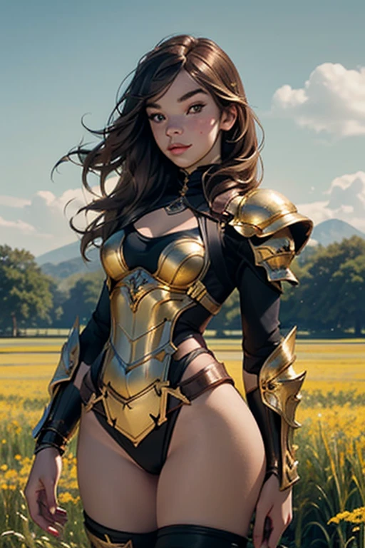 ((Simon Bisley)), Beautiful full-body woman, 30 years old, muscular and perfect body, medieval warrior with little clothing, tiny thong, golden metal bra, arm covered by a metallic armor, large breasts, generous neckline, holding a blood-stained sword, brave face, dark kingdom, sexy pose, walking in a forest