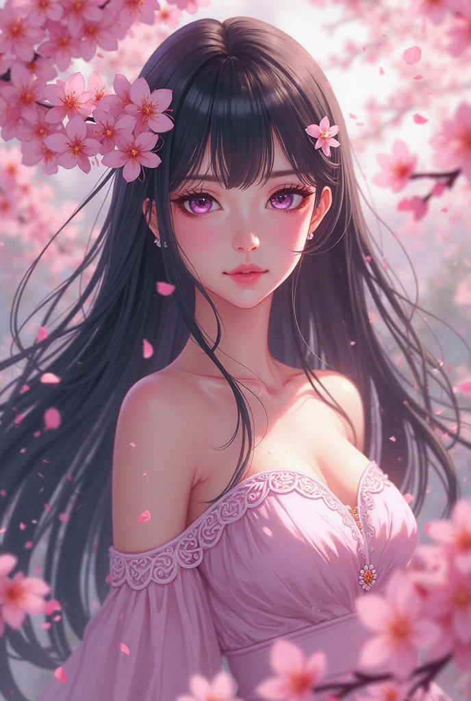 A sexy woman standing under the cherry blossom tree,blue eyes, Wearing a light-colored summer blue clear kimono,Hairpin,Smile,In the twilight,The petals flutter in the wind,(Use a wide-angle lens to capture full-body images:1.9),(masterpiece:1.1),(best quality:1.1)
