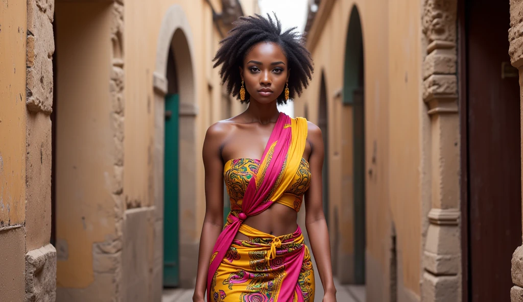((Masterpiece)), a beautiful Ethiopian woman, brown-black hair, wearing a colourful high detail gown, walking the streets of Addis Ababa, (UHD, 8K wallpaper, High resolution), Cinematic lighting, award-winning, extremely detailed skin, extra detailed face, high detail eyes, photo-realistic, Zeiss 85 mm F/1.4, by Ellen von Unwerth