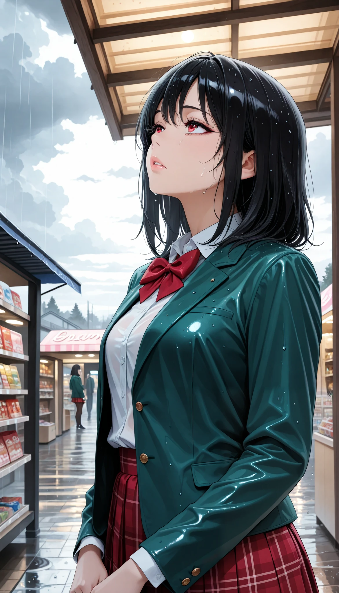 sexy women, Fashion Model Body Type, black hair, medium hair, straight hair, Red Eyes, (Tired of, Trouble, look up at the sky, take your eyes off), Green blazer , Red bowtie, shirt, red plaid pleated skirt, beautiful eyes, beautiful lips, very detailed目と顔, long eyelashes, Sheltering from the Rain, Focus on raindrops on the eaves:1.2, (It rains:1.2), shallow depth of field:1.2, blur the background, (Under the eaves, rain drops, Cloudy, shop eaves background:1.2), (top quality, very detailed, CG illustration, masterpiece:1.2, Aesthetics at its best),