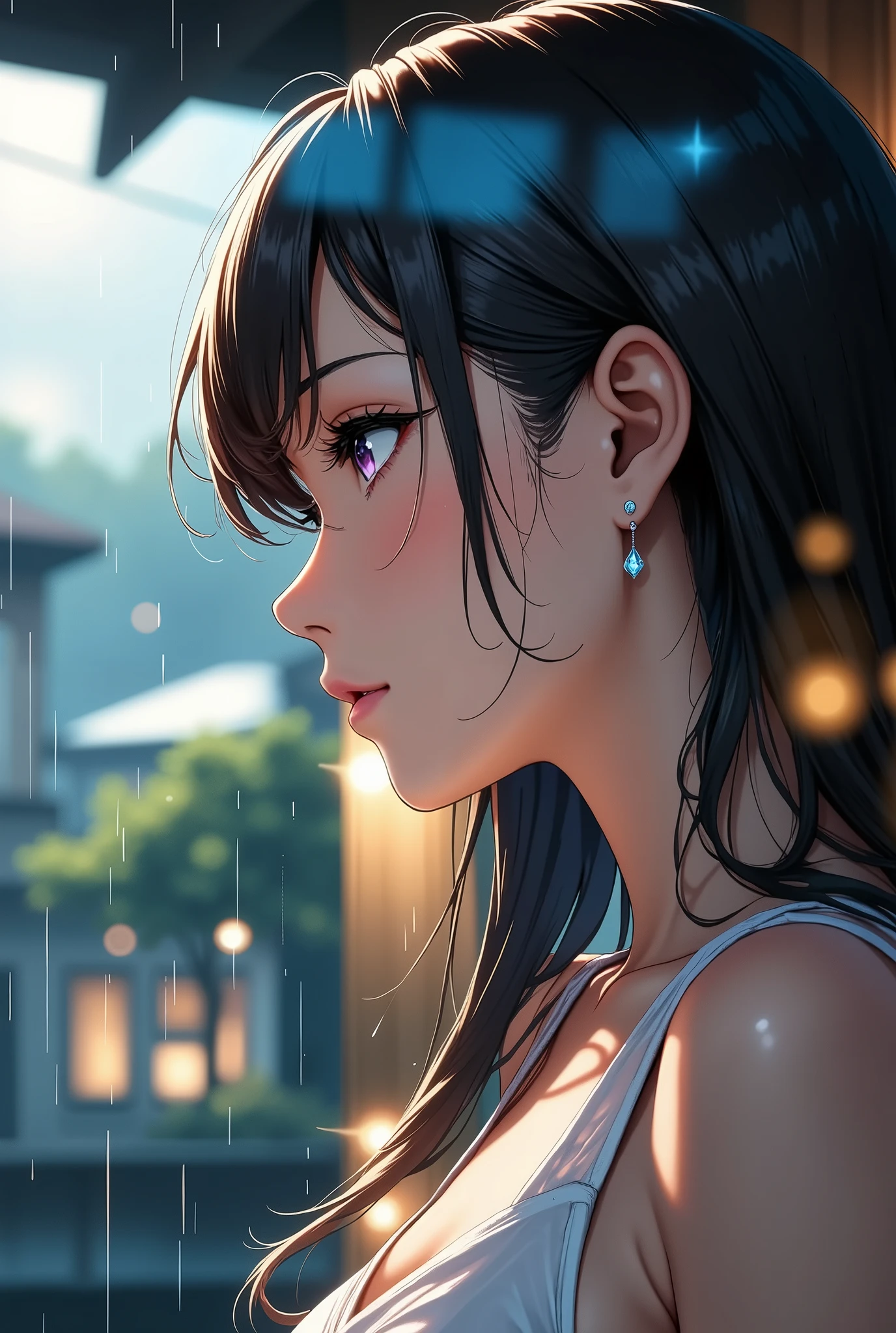 Hitting Rain、Drops Flowing from Eaves、Scenery through the glass、Raindrops on Glass、High Quality of a Depressed Woman's Face Reflected on Glass,4K resolution,HDR,Ultra detailed depiction ,real,Photo,Expert Touch,Clear Focus,Bokeh Background,vibrant colors,Depressing ,Eaves Hit by Rain,Drops Dropping Glass,Exterior Scenery Seen Through Glass,Raindrops Adhering to Glass,Profile of a Woman Reflected on Glass,Sad Expression