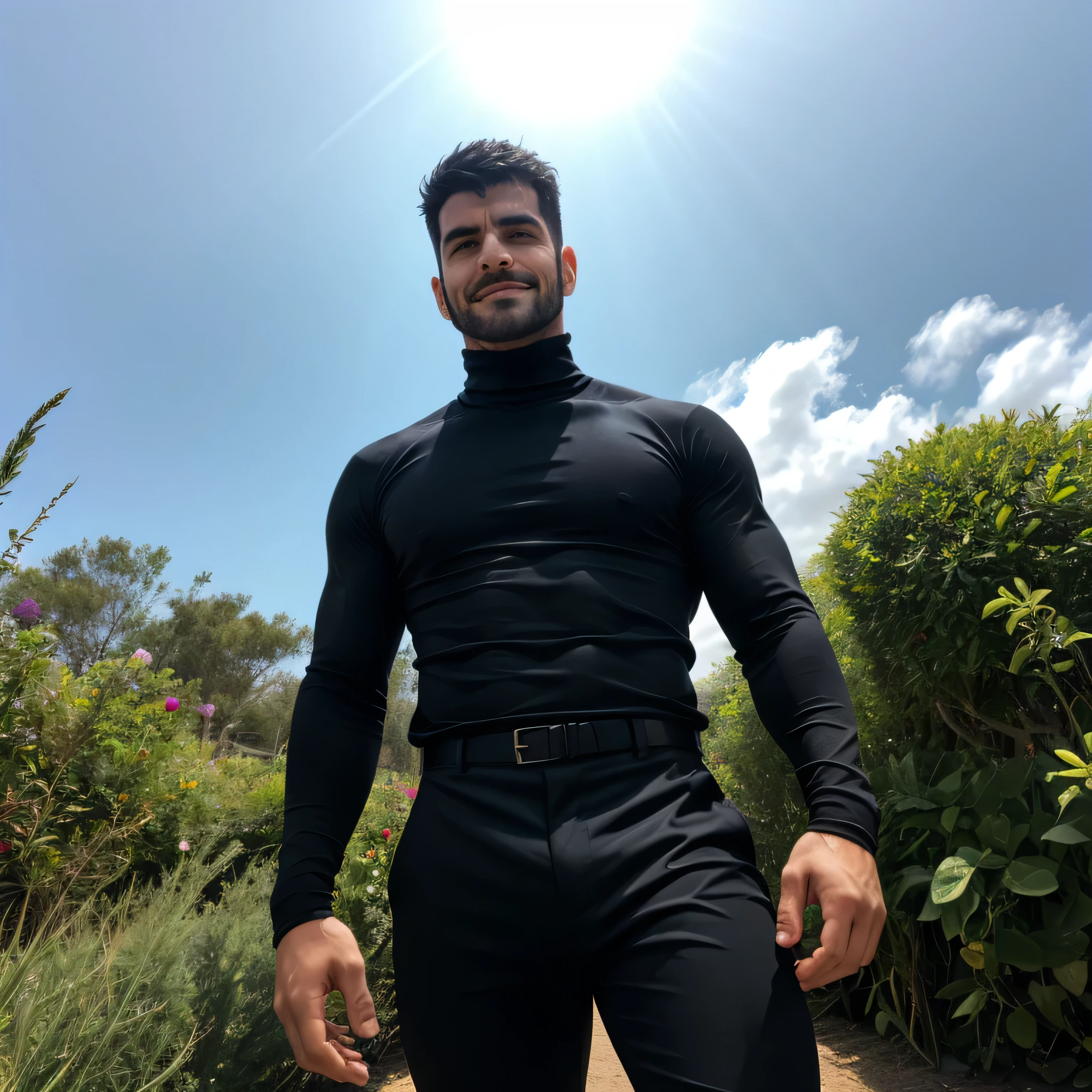 finn balor smiling in shades and tight shiny black speedos, manspread in the bench on the sunny beach