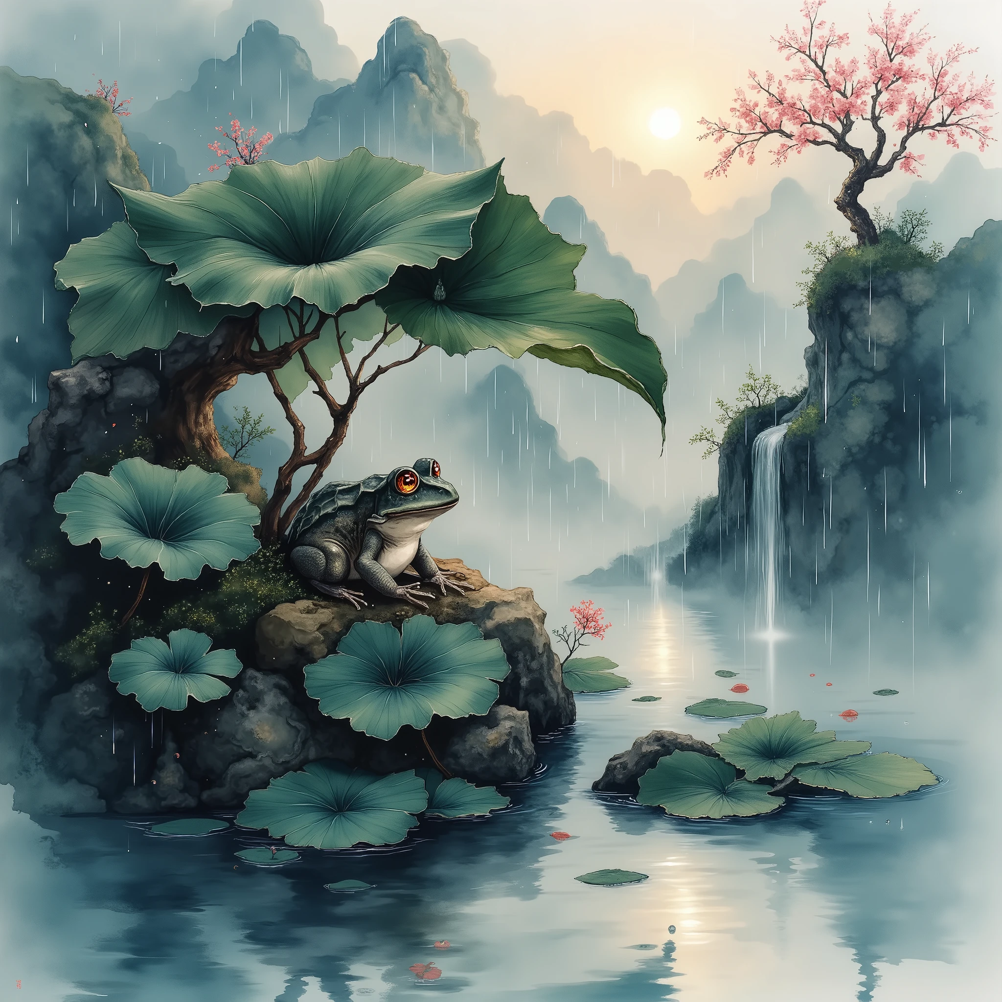 Leafの下にfrog、Rainy landscape painting、focus on raindrops、ink painting high quality、4K、realistic、professional、Dense details、HDR、sharp focus、 rich colors、 bokeh effects 、natural light、raindrop、frog、Leaf、Ink painting style、Horizontal landscape、Heavy Rain、fog、Cang々The color tone is
