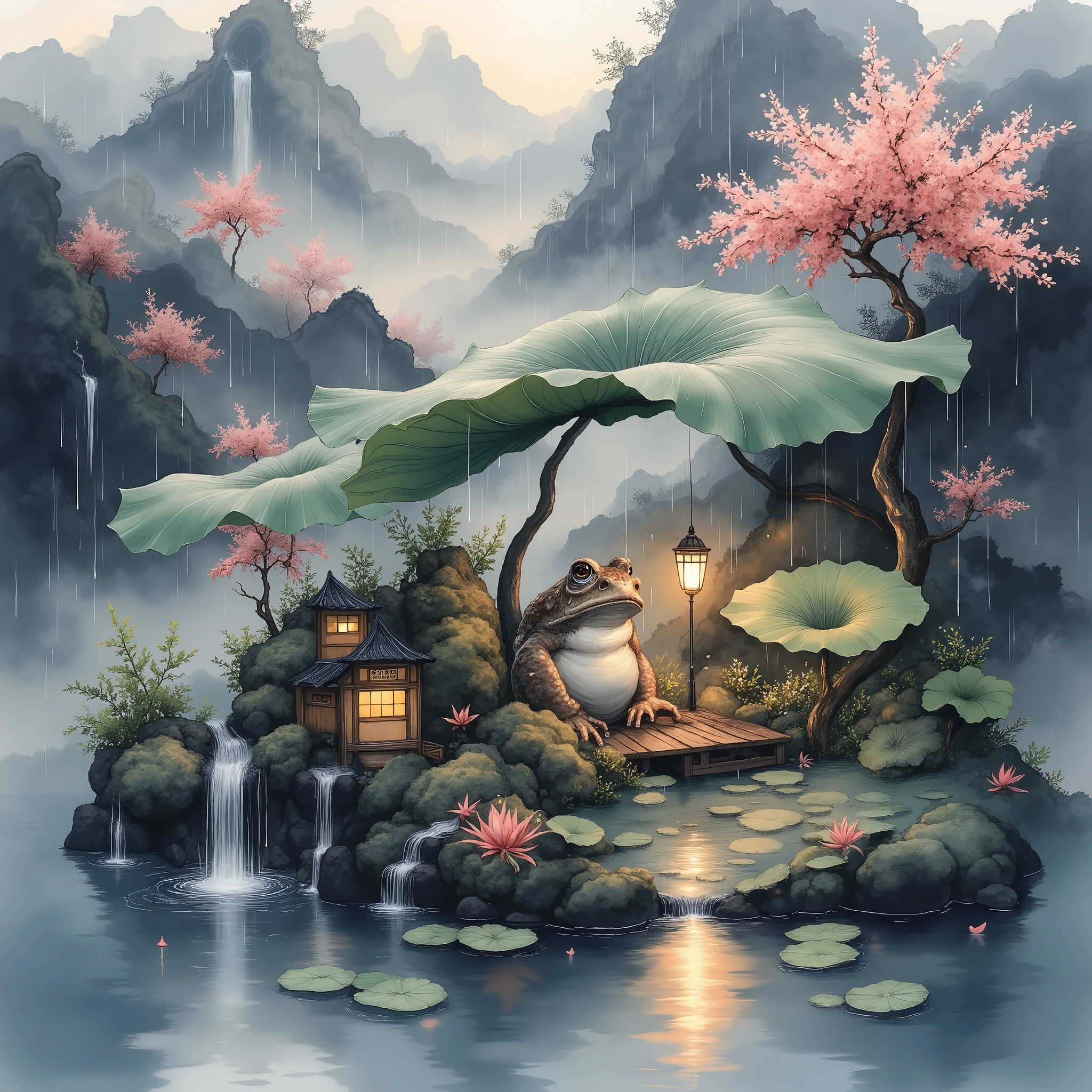 Leafの下にfrog、Rainy landscape painting、focus on raindrops、ink painting high quality、4K、realistic、professional、Dense details、HDR、sharp focus、 rich colors、 bokeh effects 、natural light、raindrop、frog、Leaf、Ink painting style、Horizontal landscape、Heavy Rain、fog、Cang々The color tone is