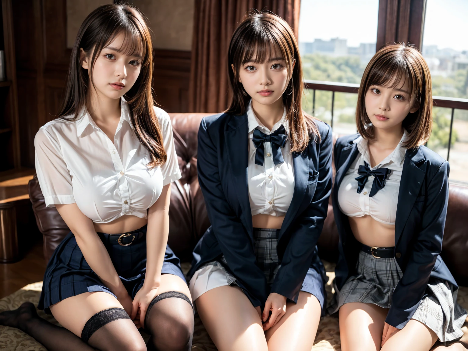 (8K, Raw photography, top-quality, masterpiece:1.2), master piece, best quality, illustration, Super detailed, fine details, High resolution, 8K,wall paper, perfect dynamic composition,(Details High quality, realistic depiction of eyes:1.3), ((2 girls, 2 schoolgirls)), The background is a luxury hotel room、High school girl uniform、blazer 、Super Short Check Uniform Skirt、Navy blue high socks、garterbelts、Colossal tits、Disturbed uniform, Play with each other,Touching each other's bodies,Touching the body of the girl next door, short bob hair, black hair color, huge breasts, Big Natural Color Lip, bold sexy pose, (perfect body shape), crying a little、cold gaze, Beautiful makeup,glitter makeup,Cutest 18 years old, beautiful legs, hposing Gravure Idol, Voluptuous thighs