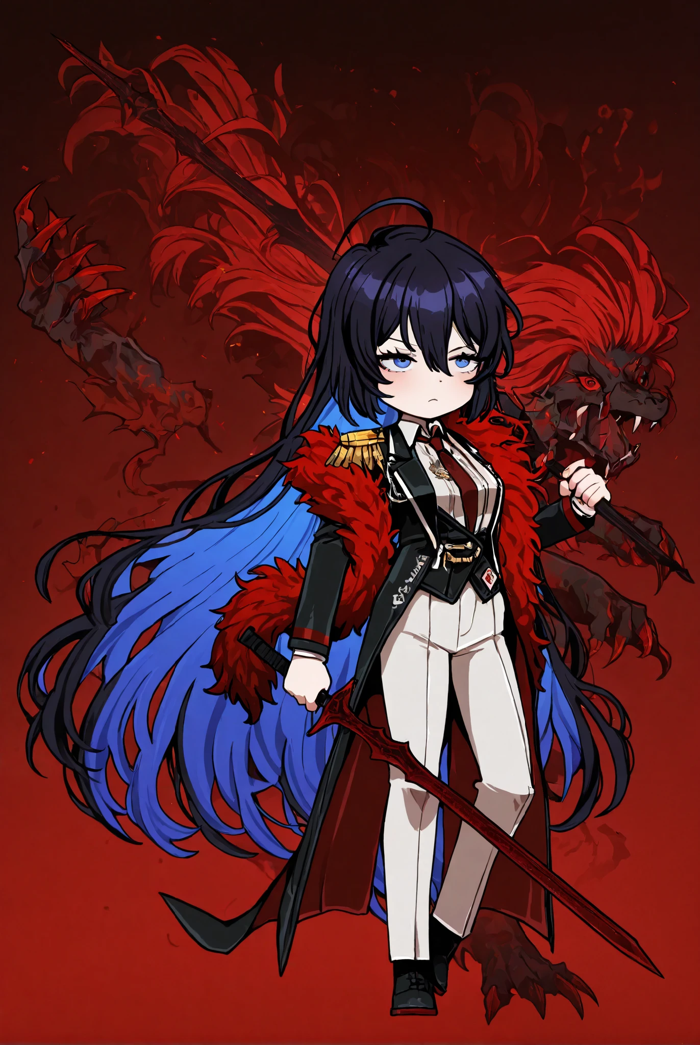1girl, DonQuixoteLimbus, DonManager, vampire, red eyes, long hair, red scarf, red fur trim, red feather boa, white shirt, black jacket, open jacket, epaulettes, white pants, black footwear, SelVel, Fol001, Sel_Def, blue eyes, short hair, seele vollerei, black hair, blue hair, colored inner hair, holding, very long hair, weapon, ahoge, female focus, sword, holding weapon, fur trim, holding sword, claws, red theme, black jacket, Limbus_Chibi_Artstyle, chibi
,masterpiece,best quality,amazing quality, (SuperQuality:1.2)