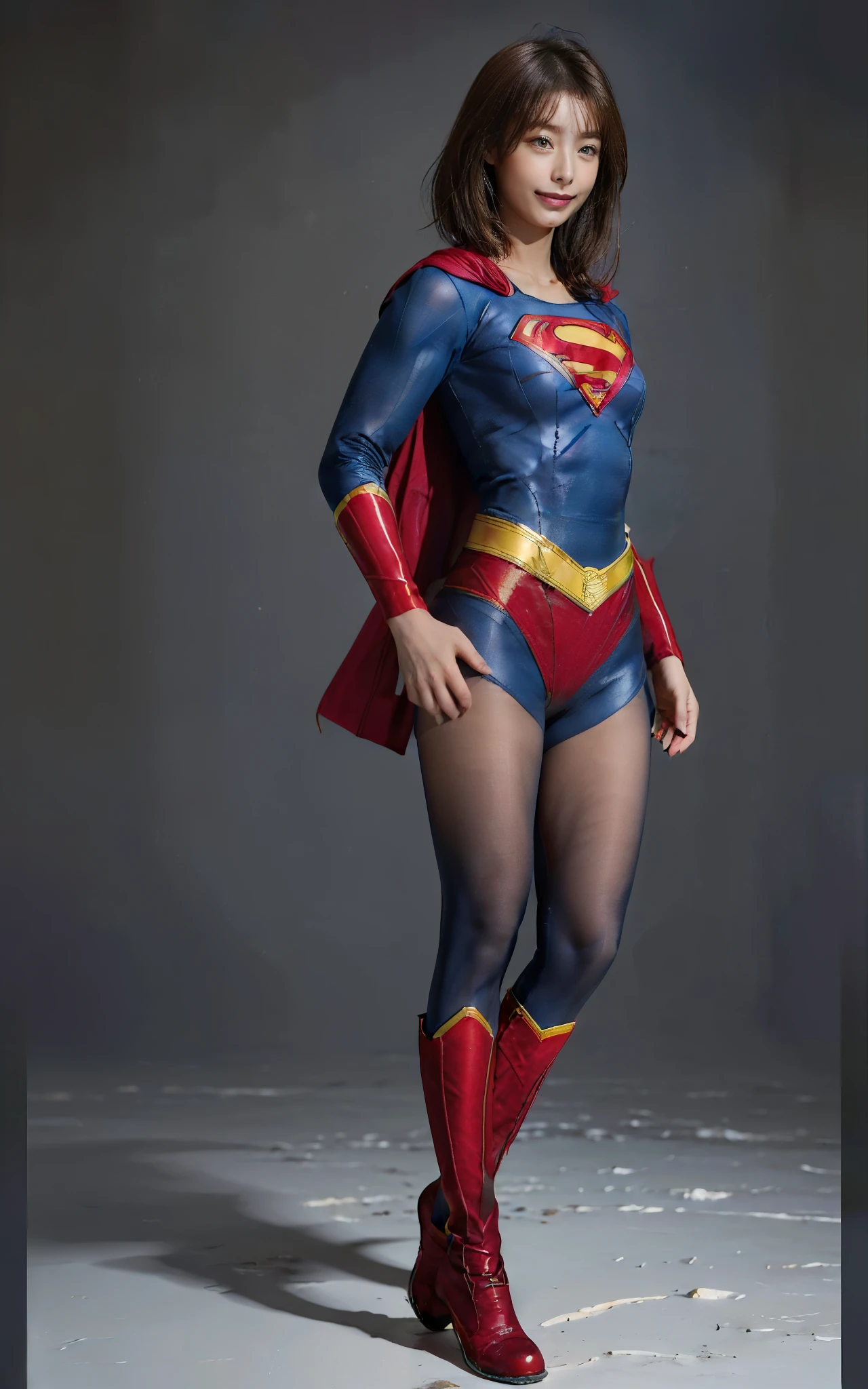 no background、 She always opens her mouth 、 She always has a troubled face 、Always close your eyes、((( BEAUTIFUL LEGS WITH BLACK TIGHTS .)))、(((stretch your legs、expensive、美しいsmileを表現する)))、((((Make the most of )))、(((supergirl costume)))、((( beautiful short hair )))、(((smile)))、(((Legs in black tights、Wear red boots)))、((best image quality、8k))、((top quality、8k、masterpiece:1.3))、(((Save Background )))、sharp concentration:1.2、beautiful woman with perfect style sitting in underwear:1.4、 slim abs:1.2、wet body:1.5、highly detailed facial and skin textures、8k