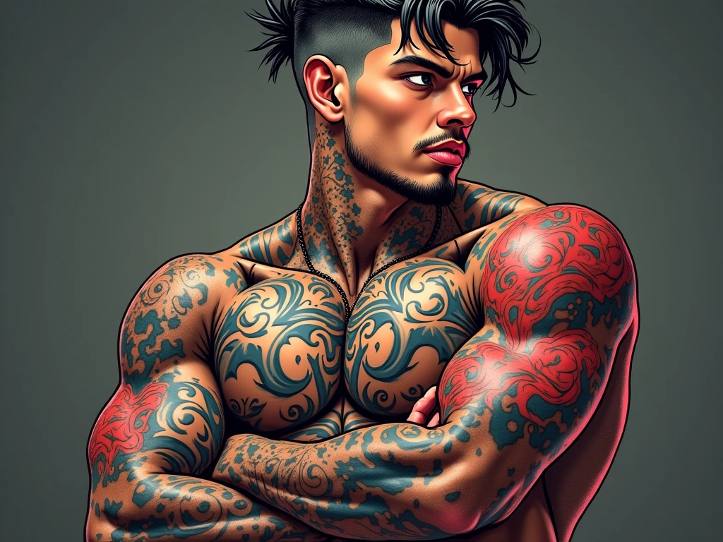 AI design High quality imvu drawing a young muscular man with beard small thin with tattoo “ruy” and other tattoo background room