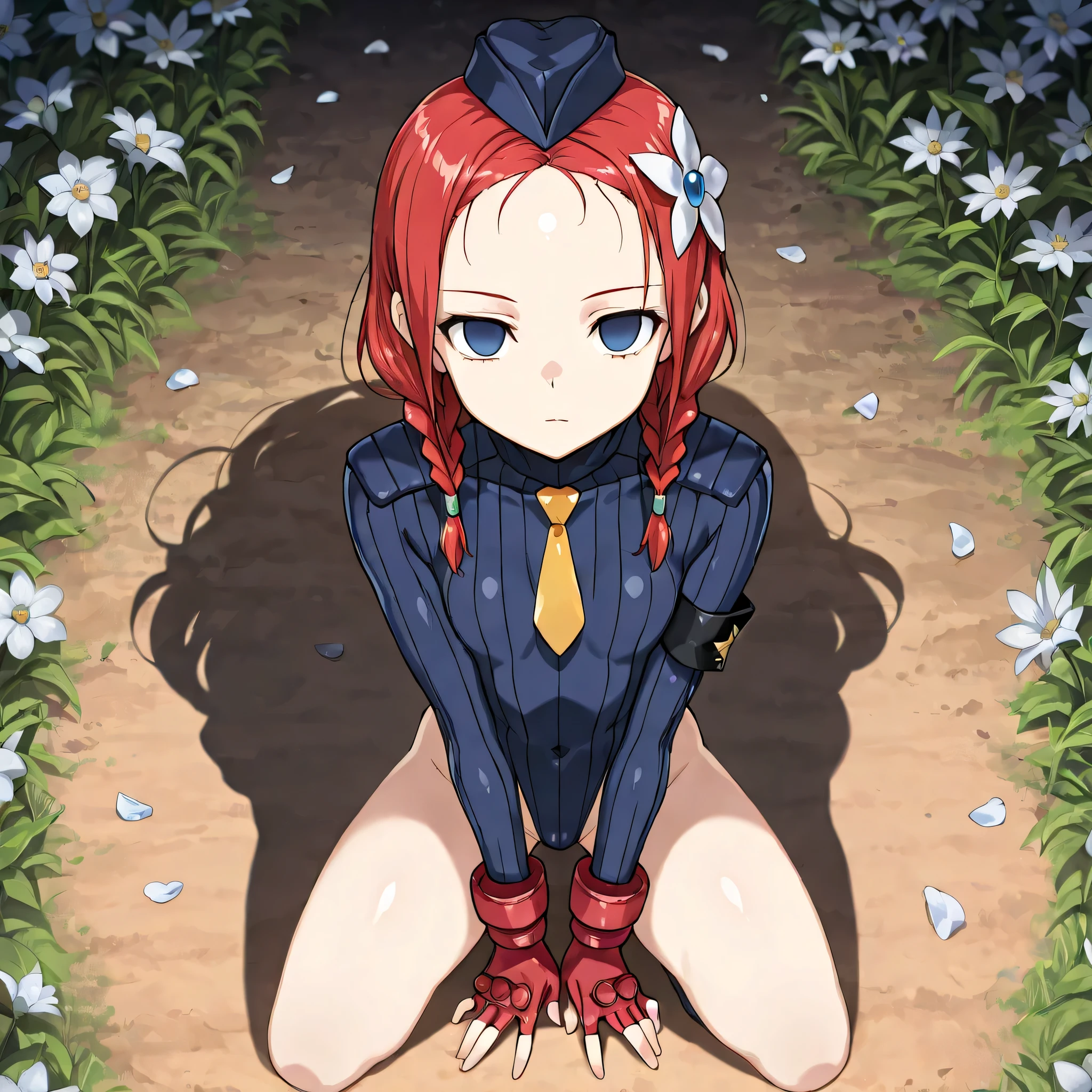 (((Masterpiece))), (((Best Quality))), ((Super Detail)), ultra-High resolution, score_9,score_8_up,score_7_up,score_6_up,score_5_up,score_4_up, BREAK, source_anime, anime screencap, uncensored, rating_explicit, Masterpiece, (best shadow), (absurdres), (detailed background), (very aesthetic), shiny, detailed beautiful eyes, outstanding, countershading, detailed soft lighting, an exquisite animation illustration, curvy, empty eyes, expressionless, blank eyes, looking at viewer, full body, emotionless, Fighting Stance, shadaloo dolls, red gloves, hat, cowboy shot, fingerless gloves, leotard, cosplay, highleg, highleg leotard, red gloves, garrison cap, dark persona, ribbed leotard, yellow necktie, (((solo, 1girl))), hair ornament, submissive pose, seductive pose, small breast, red hair, twin braids, braid, blue eyes, forehead, flower background, outdoors, field, flowers, sunbeam, wind, petals, lens flare, scenery, dark cloud, dark theme, kneeling, looking from above, view from above, from above