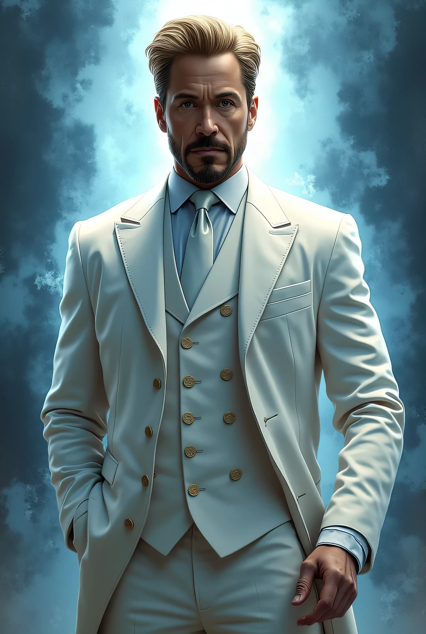 Gregory Stark, Tony Stark's twin brother from the Marvel Universe. A tall man with noble blacks faces, with a well-groomed beard and blond hair. He is wearing an elegant white suit with a long coat, with a white shirt and a formal tie, , which emphasizes his sophisticated. His look is confident and slightly arrogant, that conveys his intelligence and ambitions. The background is an abstract, cool tones , with a radiant, style that creates an atmosphere of power and mystery. HIGH RESOLUTION, realistic detail, Marvel comic book style, cinematic lighting, Professional color correction.