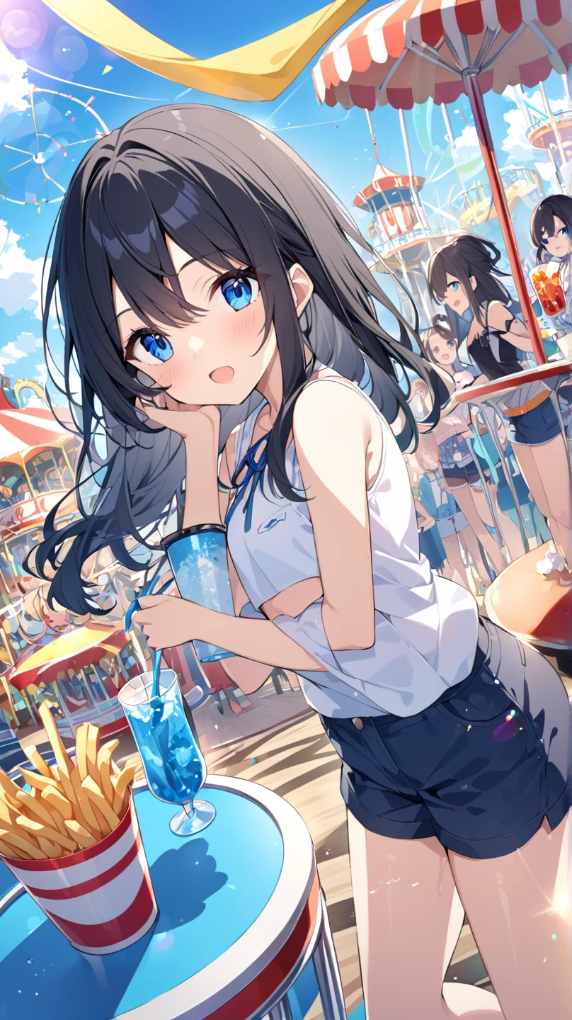 1个Giant Breast Girl，A high resolution，looking at viewert，Ambient lighting，Open-mouthed，Watery eyes，(CRIT)，(brunette color hair)，long whitr hair，Bracelet，Hair rings，ear studs，(Put your hand to your mouth)，(‎Classroom)，(((Backlight)))，((partial underwater shot))，((first person perspective))