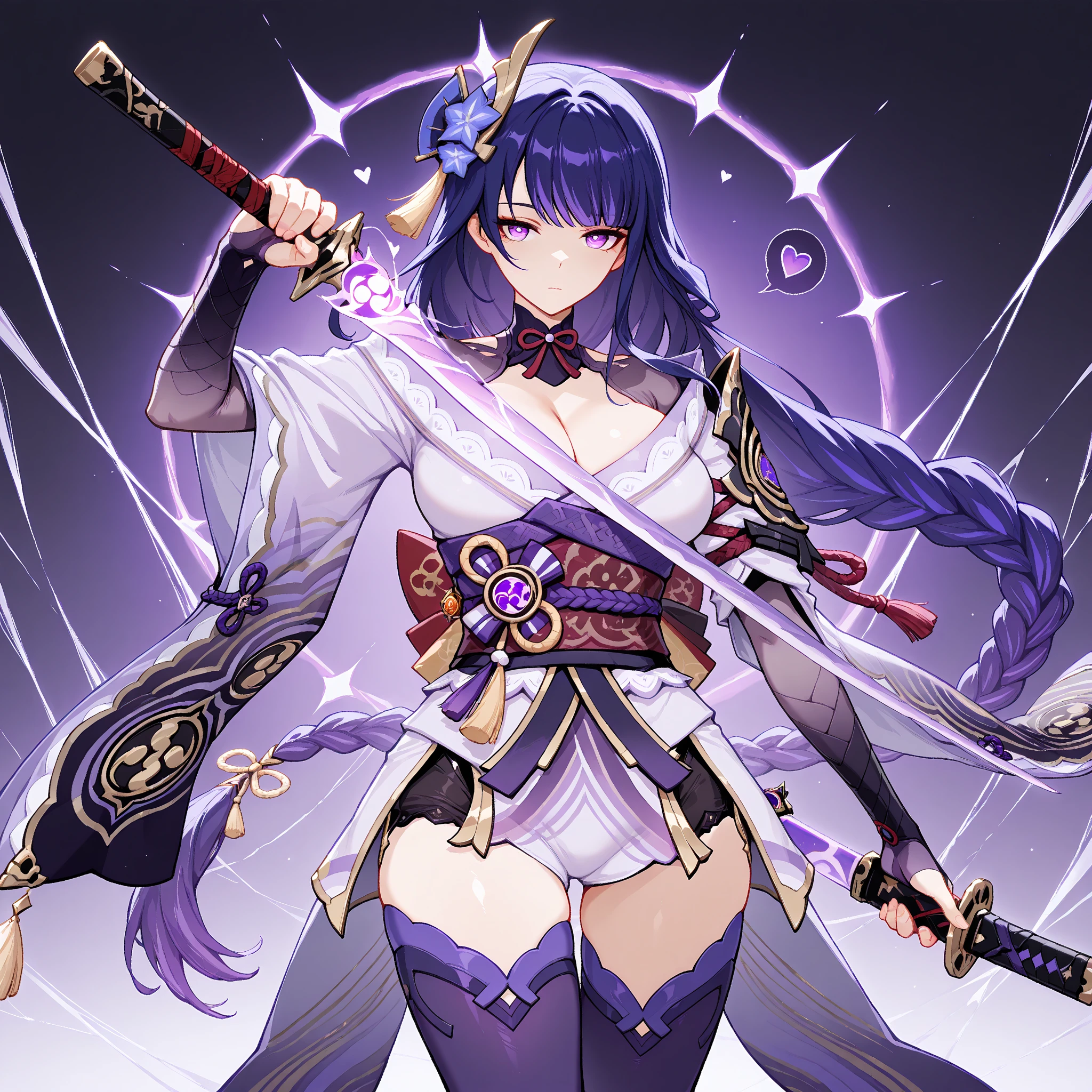 raiden shogun, purple hair, long hair, light smile, hold a polearm