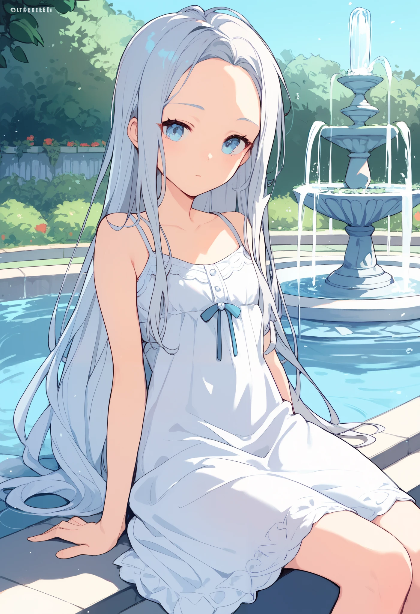 (score_9, score_8_up, score_7_up, score_6_up, score_5_up, score_4_up, top quality),(anime), girl, Forehead, long hair, silver hair, light blue eyes, white camisole dress, Sit in front of a fountain, garden