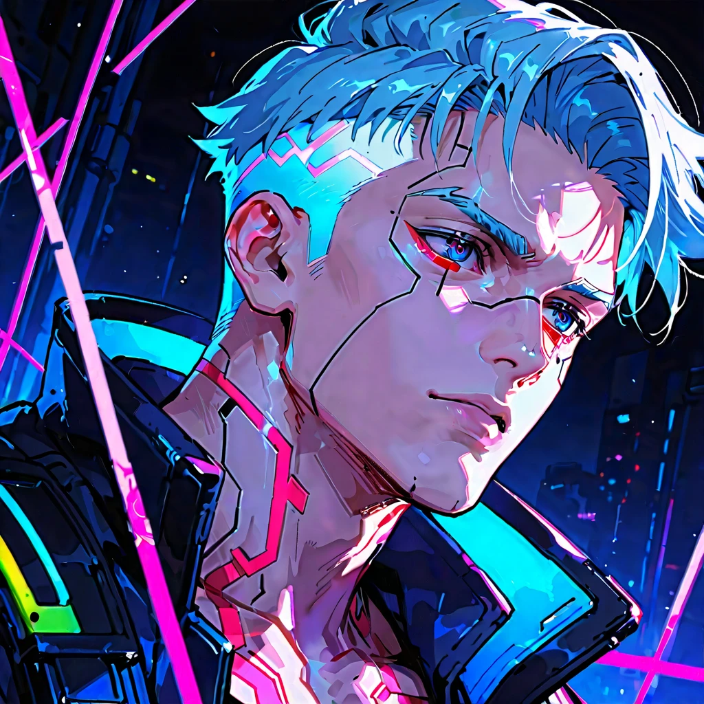 SeaArt Bot
Txt2Img
Default
17:00:23
(half body shot:1.3), (((Masterpiece))), (((Best Quality))), ((Ultra-detailed)), (Cinematic lighting), (neon rim lights)(illustartion), (beautiful detail eyes), ((1male)), ((Facial features of a man)), ((Adult, Icelandic facial features:1.3)), (Male 25 years old:1.2), (((Male adult face:1.5))), ((Serious facial features:1.4)), Depth of field, (white skin color:1.7), ((Long hair:1.3)), ((hairlong:1.3)), (((Masterpiece, hiquality, hight resolution,Detailed background, A detailed eye, Impassive eyes, frowning face, good anatomy))), ((rough facial features,,:1.4)), ((thin lips:1.2)), (squint), ((narrowed eyes:1.2)), (Strong Body:1.2), (gray in color, gray hair:1.5), (white colored hair:1.3), (lack of hairstyle), ((Black clothes, hood:1.1)), (black sweater: 1.3), ((black turtleneck:1.1)), (Dark gray jacket, black cloak:1.4), (Cybernetic armor), glowing eyes, (gray eyes:1.2), ((Cyan eyes:1.2)), Cubenetics Eyes, Background of the scene,(absurdress, hight resolution, Ultra Detailed), Finely detailed eyes and detailed face, (((Cyberpunk style of clothing:1,5))), (((neon background:1.3))), (Neon background of the city:1.5), (monochrome background)