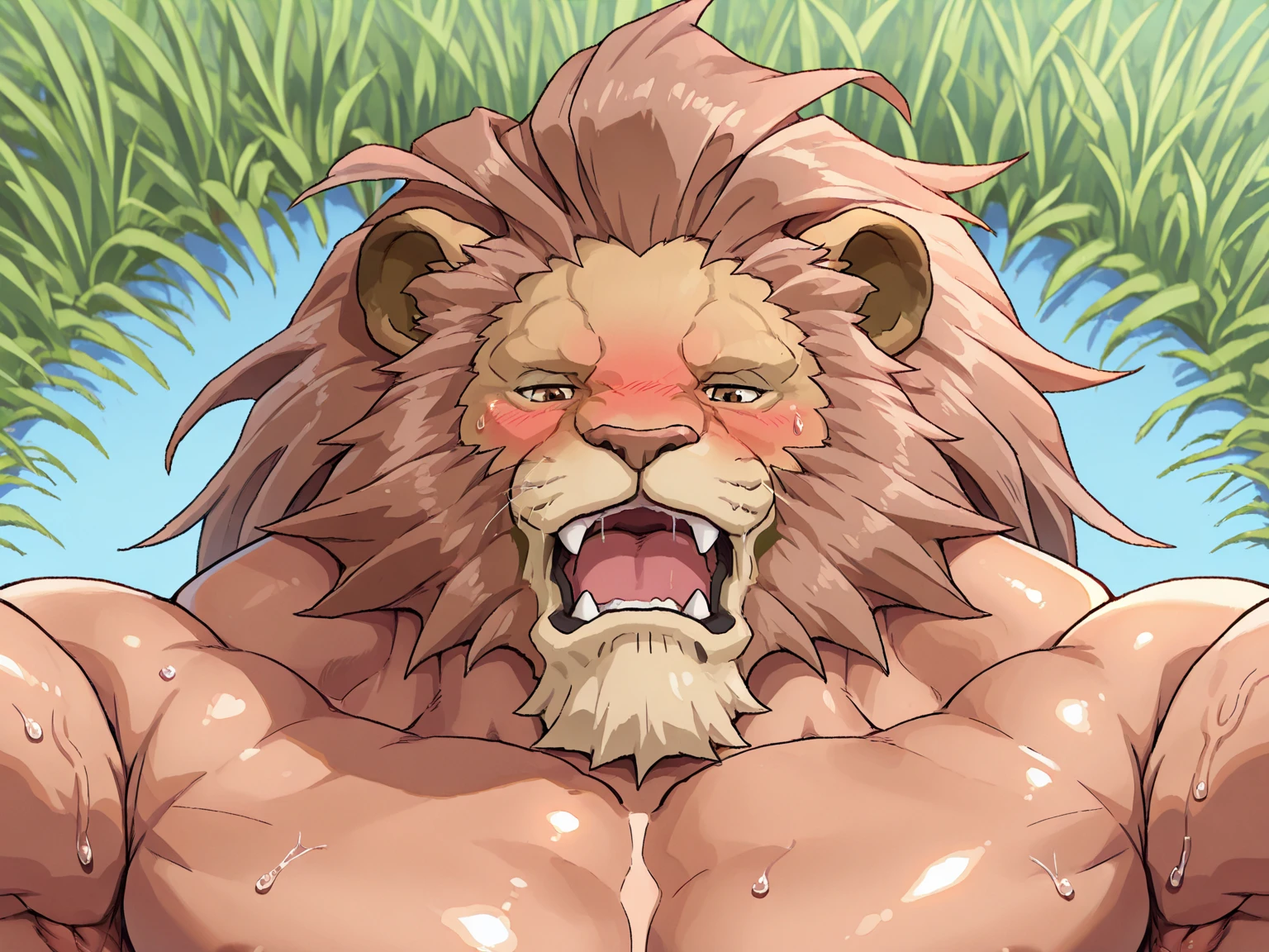 Highest Quality, 4k, masterpiece, first person hug, grass, Amazing Details, highly detailed face, daytime, no background, (LeoRE, large, lion head, brown mane, muscular, flustered, moaning, looking at viewer), biceps, bust portrait, front view, sweaty, low angled view, 