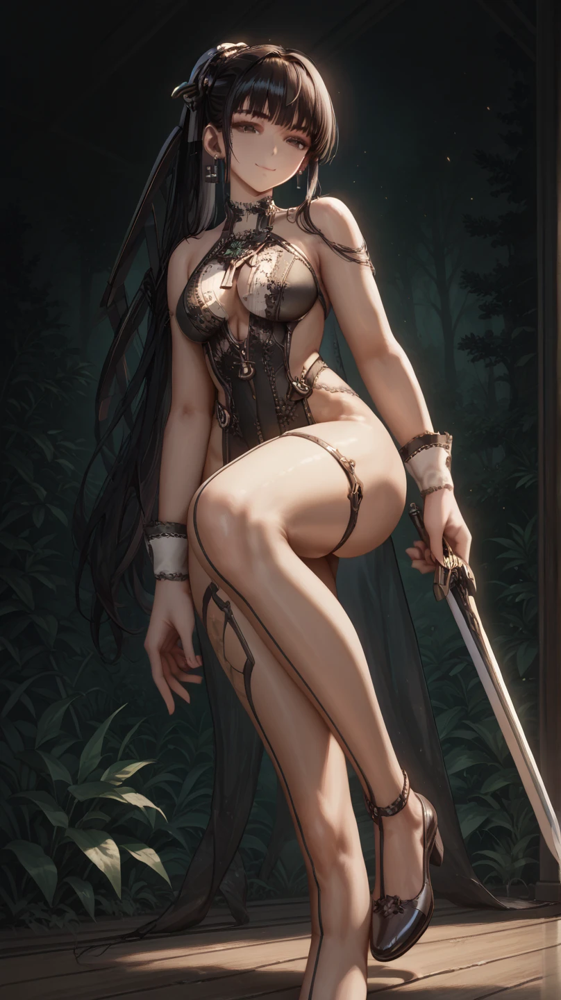 4K, Realistic, The is very detailed, There was a girl in the woods, She is a samurai, war theme, Soft clothes, Long hair, wearing legging, 25 years old, full bodyesbian, Wear Gucci shoes