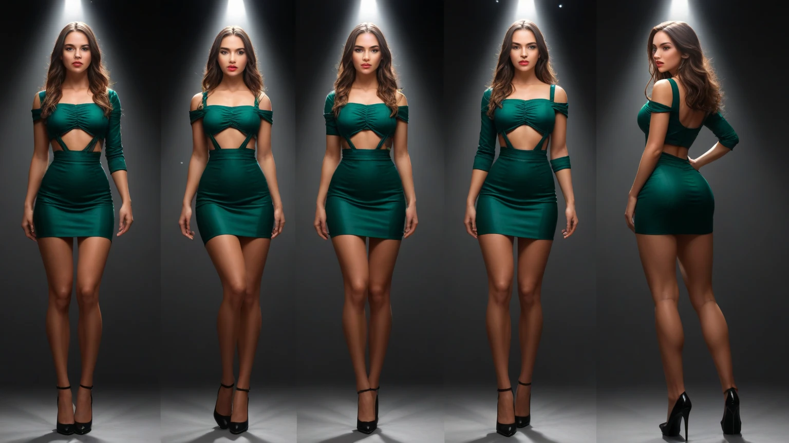27 year old woman, habillée d'une tenue de designer, bijoux sur tous le corps, medium long wavy light brown hair, the green eyes, square face, mannequin, walks on a podium, super detailed, full body, full body, pose de mannequin de luxe, hourglass body, athletic, voluptueux, Ambiance luxueuse, Photograph, ethereal lighting, full hd max, jungle haute couture fashion show background, haute couture, just one woman, no audience, glamour sexy, Artistic, Mermaid, queue de poisson, green scales, sing