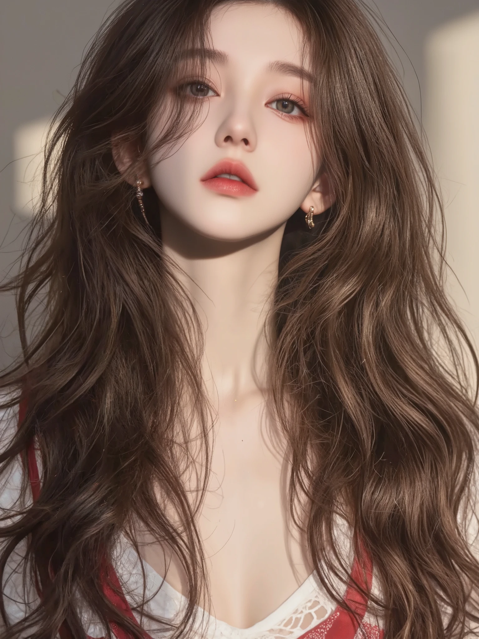 single, pretty Chinese girl ,23 years old, blue eyes, lips,Light brown long curly hair,Big breasts(d),Big earrings,v-neck lace t-shirt,Ultra short red and white plaid pleated skirt,Don't put the glasses on your head , masterpiece,best quality,jewelry,ultra high resolution,are hyperrealistic,panoramic,