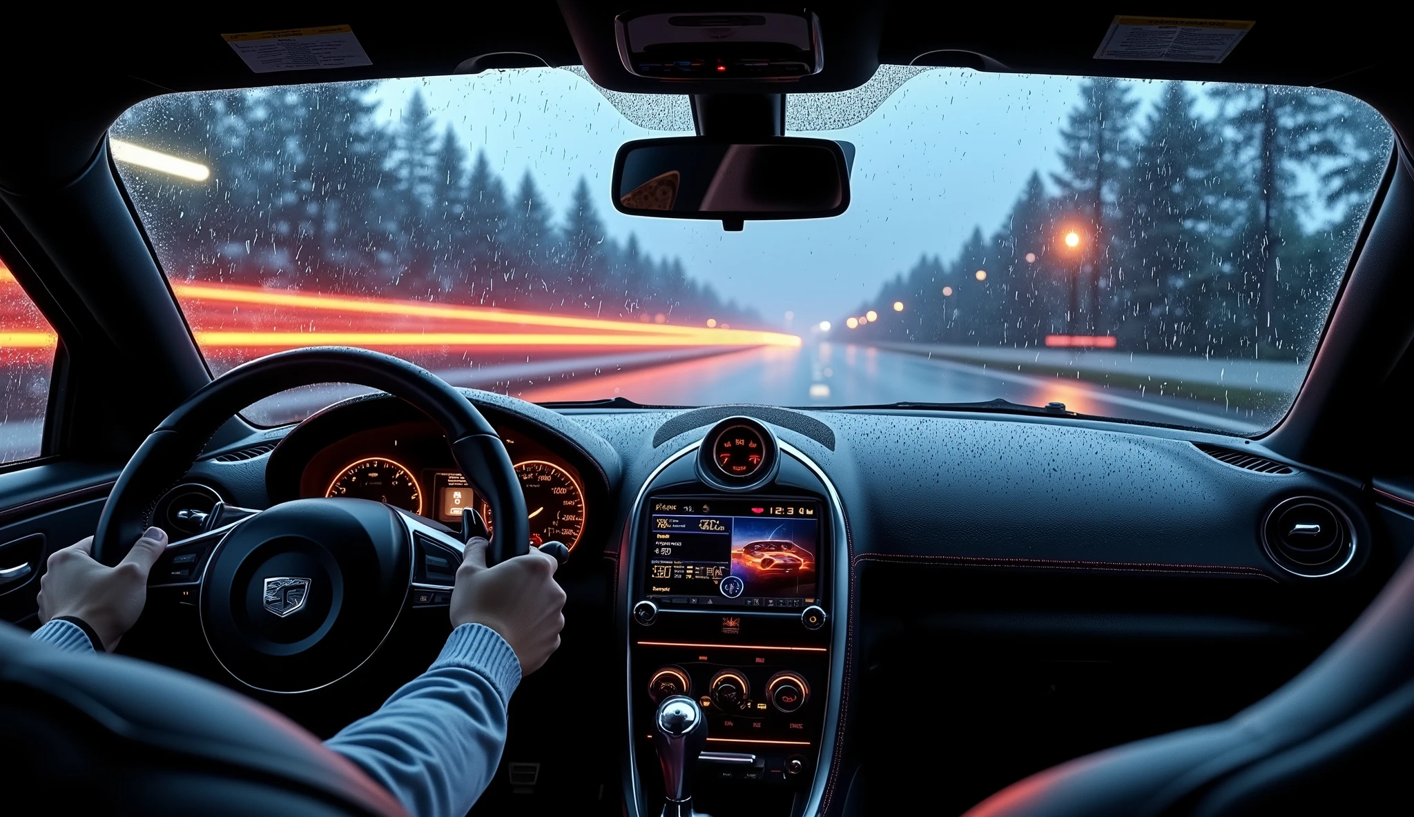 車のフロントGlassを伝うrain粒,Scenery from inside a sports car,rainの日,Cloudy,Detailed car interior、Meters、 steering 、high quality,4K,Photographically Realistic,Physically Based Rendering,extreme detail,professional,vivid colors,Bokeh,rain、Glass、wet、 reflection、Driver's seat、 Speedometer 、 tachometer 、 steering ホイール、 dashboard、Modern、technological、 dark、Dramatic、neon、night