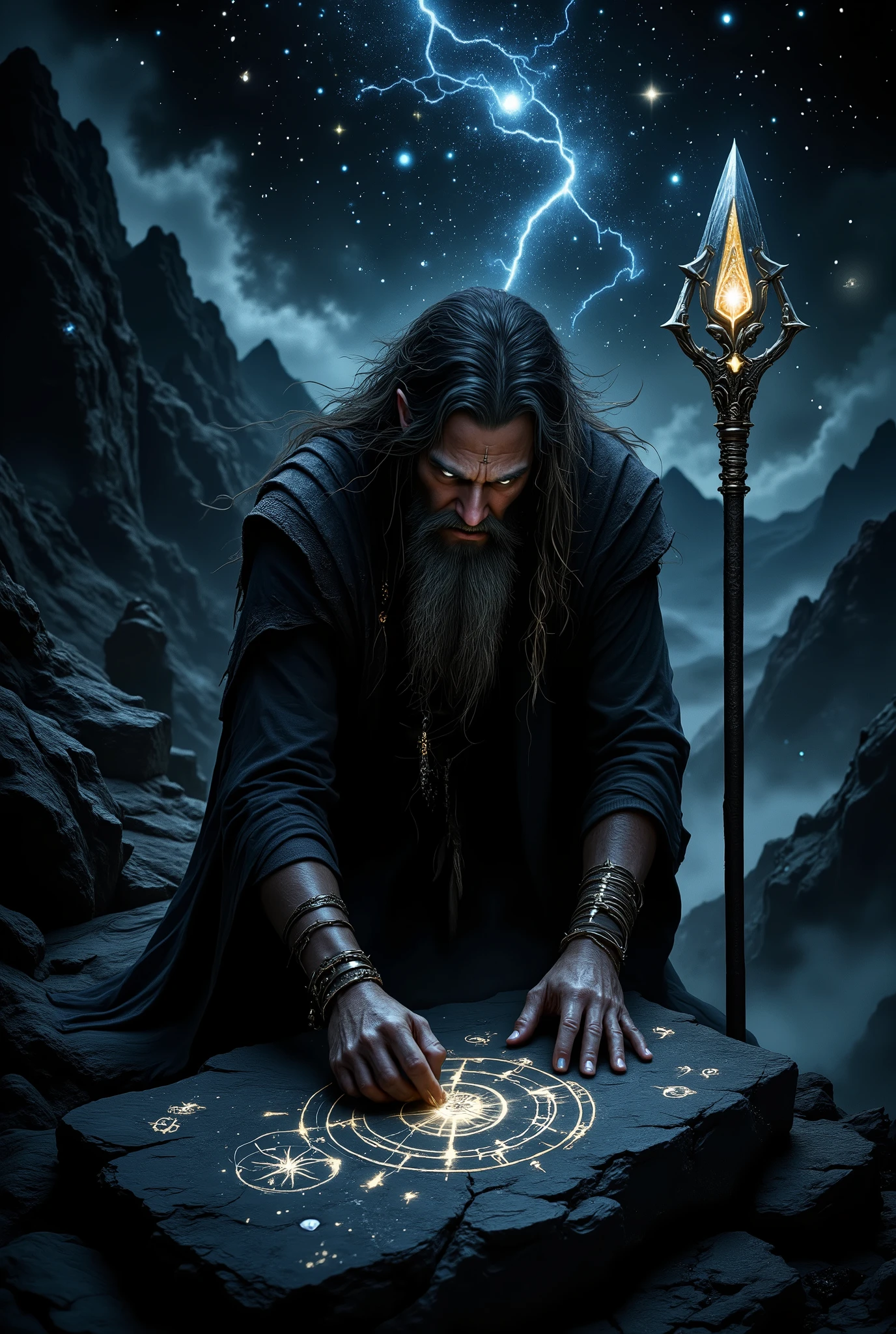 On the Mountain Image of constellations twinkling, around which a man with a staff is painted, Stone art, Drawing ancient signs, using chalk, Masterpiece , fantasy style, beautiful, best image, Wysoko Kachestvo, great , Fantasy,