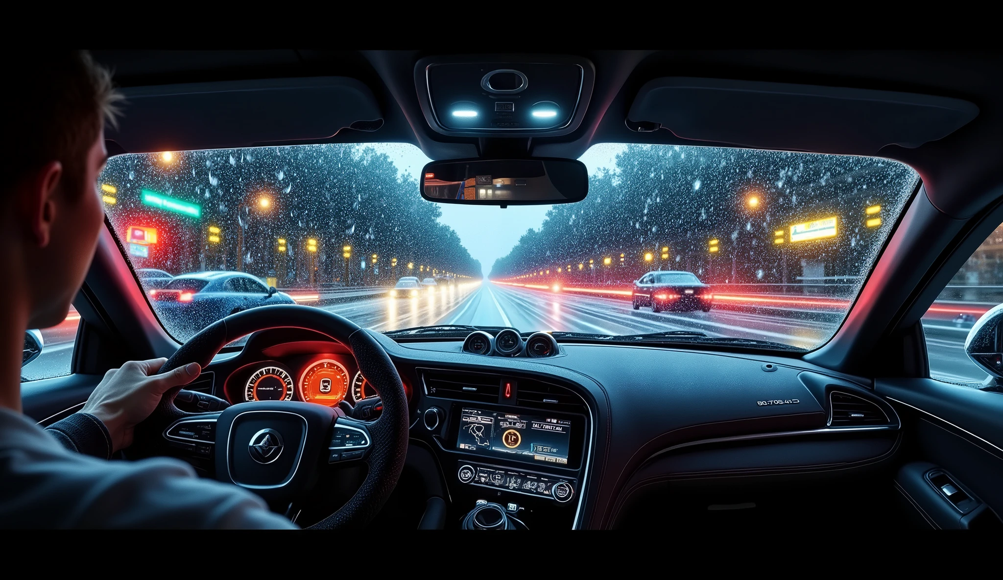 車のフロントGlassを伝うrain粒,Scenery from inside a sports car,rainの日,Cloudy,Detailed car interior、Meters、 steering 、high quality,4K,Photographically Realistic,Physically Based Rendering,extreme detail,professional,vivid colors,Bokeh,rain、Glass、wet、 reflection、Driver's seat、 Speedometer 、 tachometer 、 steering ホイール、 dashboard、Modern、technological、 dark、Dramatic、neon、night