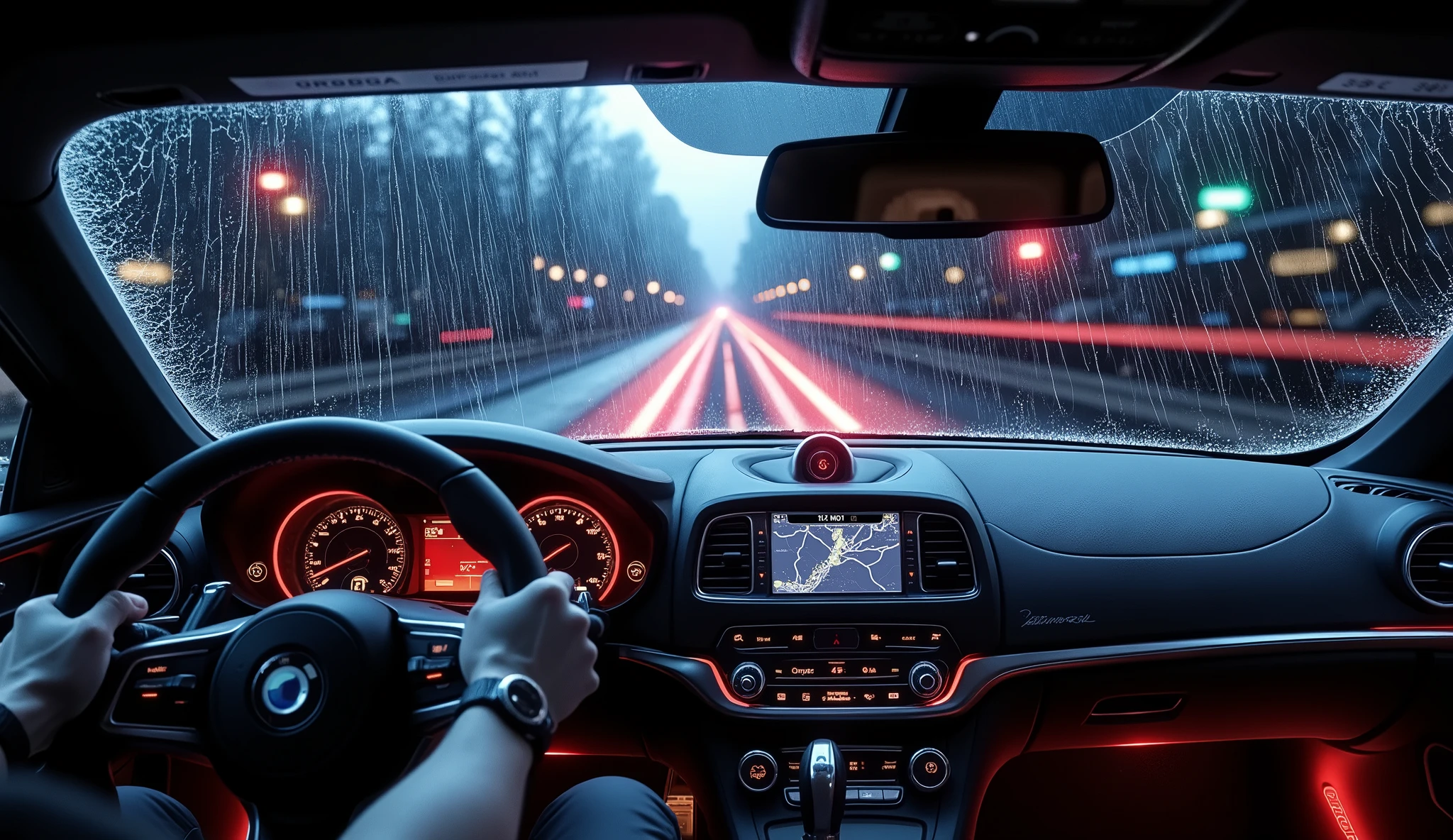 車のフロントGlassを伝うrain粒,Scenery from inside a sports car,rainの日,Cloudy,Detailed car interior、Meters、 steering 、high quality,4K,Photographically Realistic,Physically Based Rendering,extreme detail,professional,vivid colors,Bokeh,rain、Glass、wet、 reflection、Driver's seat、 Speedometer 、 tachometer 、 steering ホイール、 dashboard、Modern、technological、 dark、Dramatic、neon、night