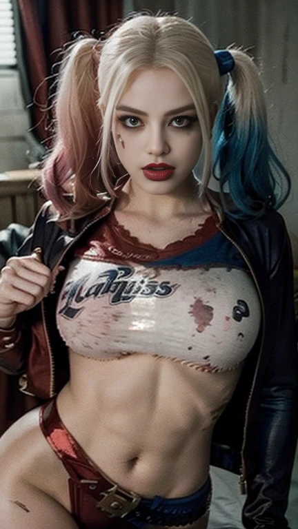 [nudity, explicit] (8k,full body photo, photorealistic:1.25), Margot Robbie as Harley, nude, (pale skin, red lips, heavy eyeshadow,((( blonde twin pigtails hair with red and blue tips))) quality, ultra highres, depth of field, caustics, Dim lighting, natural shading), on a streets of Gotham city at night, looking at viewer