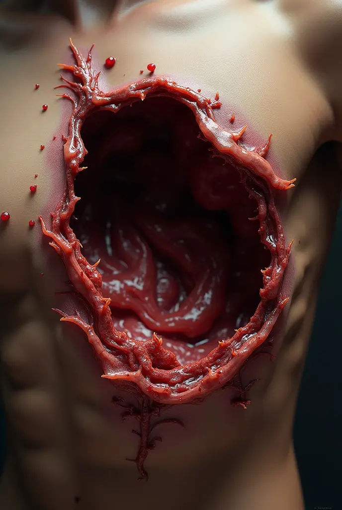 A deep knife scar on man abs, realistic, 8k, 