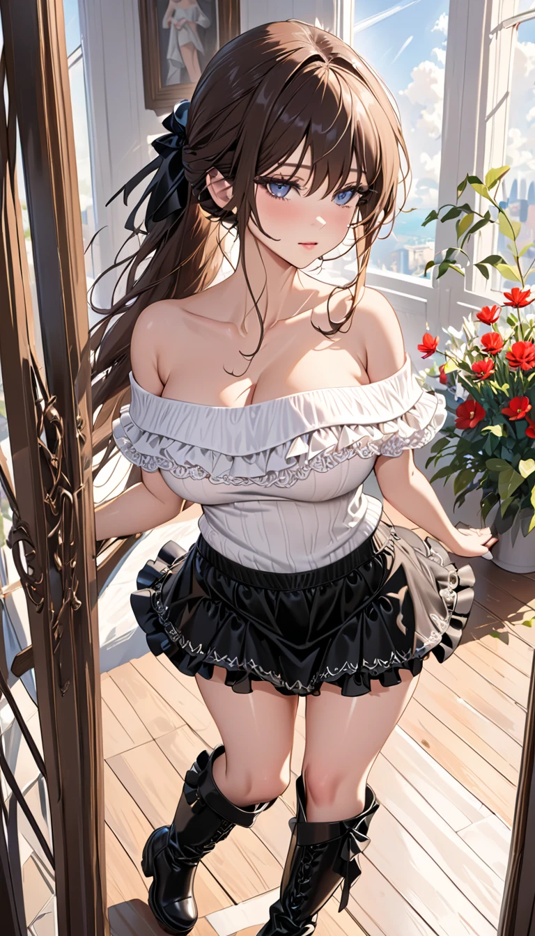 A 20 years old girl wearing a dress and cat ears, anime girl, she turns to look back, frilled pastel colored summer dress, choker, big rounds breasts, nice round ass, panties, dark brown hair, gradient bangs with red tips, french braid, bangs over shoulder, long hair, wavy hair, shiny hair, hairclip, hair flower, aqua eyes, pupils sparkling, glowing eyes, earrings, cat ears, shy, blush, nervous, puckered lips, nose blush, glossy lips, skirt lift, lifts her skirt, you can see her ass, high detail, anime, anime style, cinematic lighting, dithering, image fill, first-person view, perspective, Wide-Angle, f/1.8, 85mm, Sony FE GM, 8k, super detail, UHD, retina, masterpiece, accurate, anatomically correct, textured skin, high details, best quality, highres, 16k