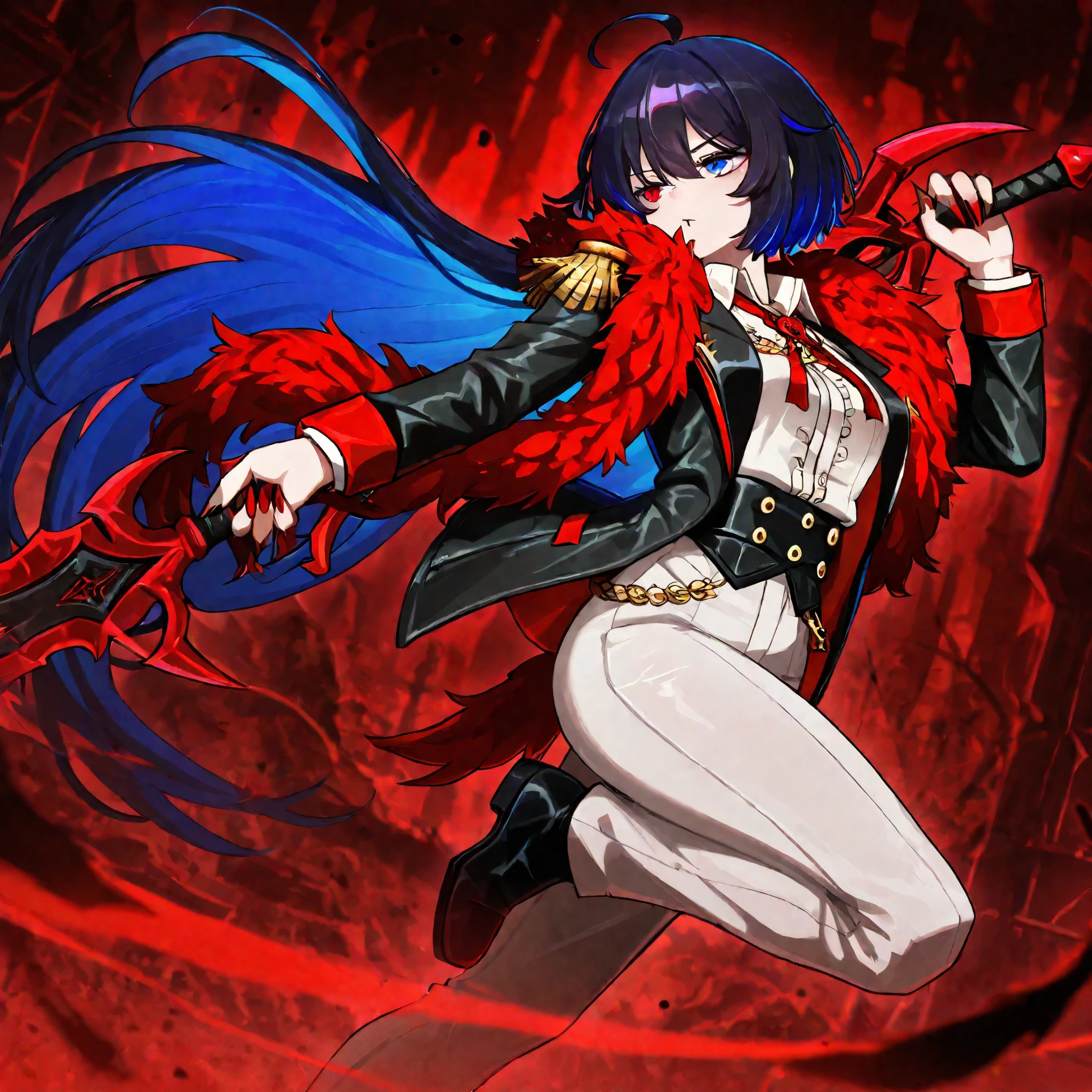 1girl, DonQuixoteLimbus, DonManager, vampire, red eyes, long hair, red scarf, red fur trim, red feather boa, white shirt, black jacket, open jacket, epaulettes, white pants, black footwear, SelVel, Fol001, Sel_Def, blue eyes, short hair, seele vollerei, black hair, blue hair, colored inner hair, holding, very long hair, weapon, ahoge, female focus, sword, holding weapon, fur trim, holding sword, claws, red theme, black jacket,
,masterpiece,best quality,amazing quality, (SuperQuality:1.2), IllustriousQual