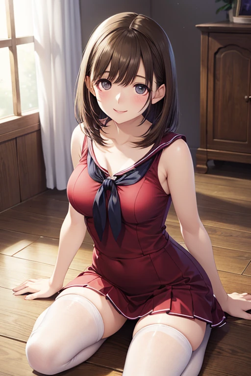 ( cheerleader), ((skirt)), ((pantyhose)), ((Shiny Costumes)), skindentation, skinny, solo, 1 woman, Masterpiece, highest quality, highest quality, 16K, incredibly absurd, highly detailed, 2.5D, ai-generated, delicate and dynamic, very delicate facial expressions, delicate eye depiction, erotic, only sexy woman, ((A cute and kind face)), healthy figure, ((25-year-old woman)), 160cm tall, medium firm swaying bust, , blush, Sweat,Embarrassed,sexy, ((thin thighs)), (camel toe:0.7), (visible nipples:0.3), (Erect nipples,:0.7), shiny and lustrous, facing straight at viewer, (((in heat))), ((Oily_skin)),, ((dutch angle)), ((erotic pose)), , , ((sit)),