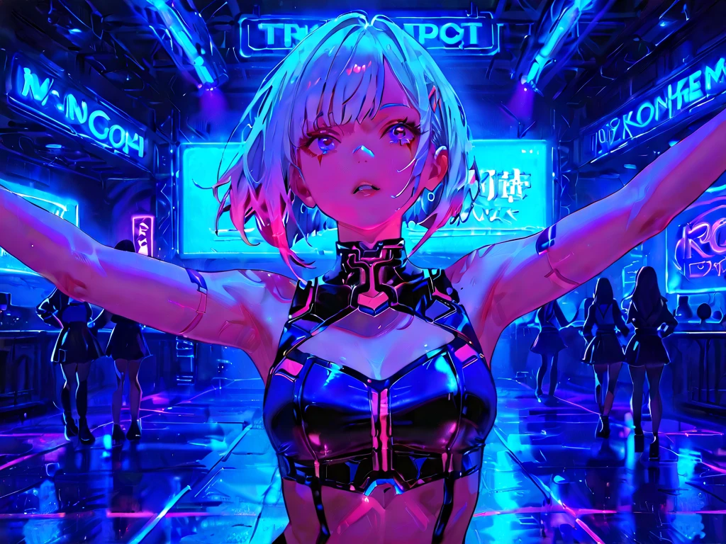 16K, High resolution, RTTX10.0, Ray Tracing, Natural light, Absurd, Top quality masterpiece, Perfect anatomy and highly detailed face, fine grain, Beautiful Hair, so beautiful, Edgy, Nice, Evil Aura, the wind is strong, Glowing Eyes, dystopian city, Futuristic, Detailed Background, Awards, Neon Light, It was a hot topic on Art Station., Climax, Four girl band members in the background, Sweat is splashing, White tank top, (((Torn blue shorts))), 自然A pose, Intense movement, color々A pose, (((Singing while playing electric guitar))), Concentrated on the music