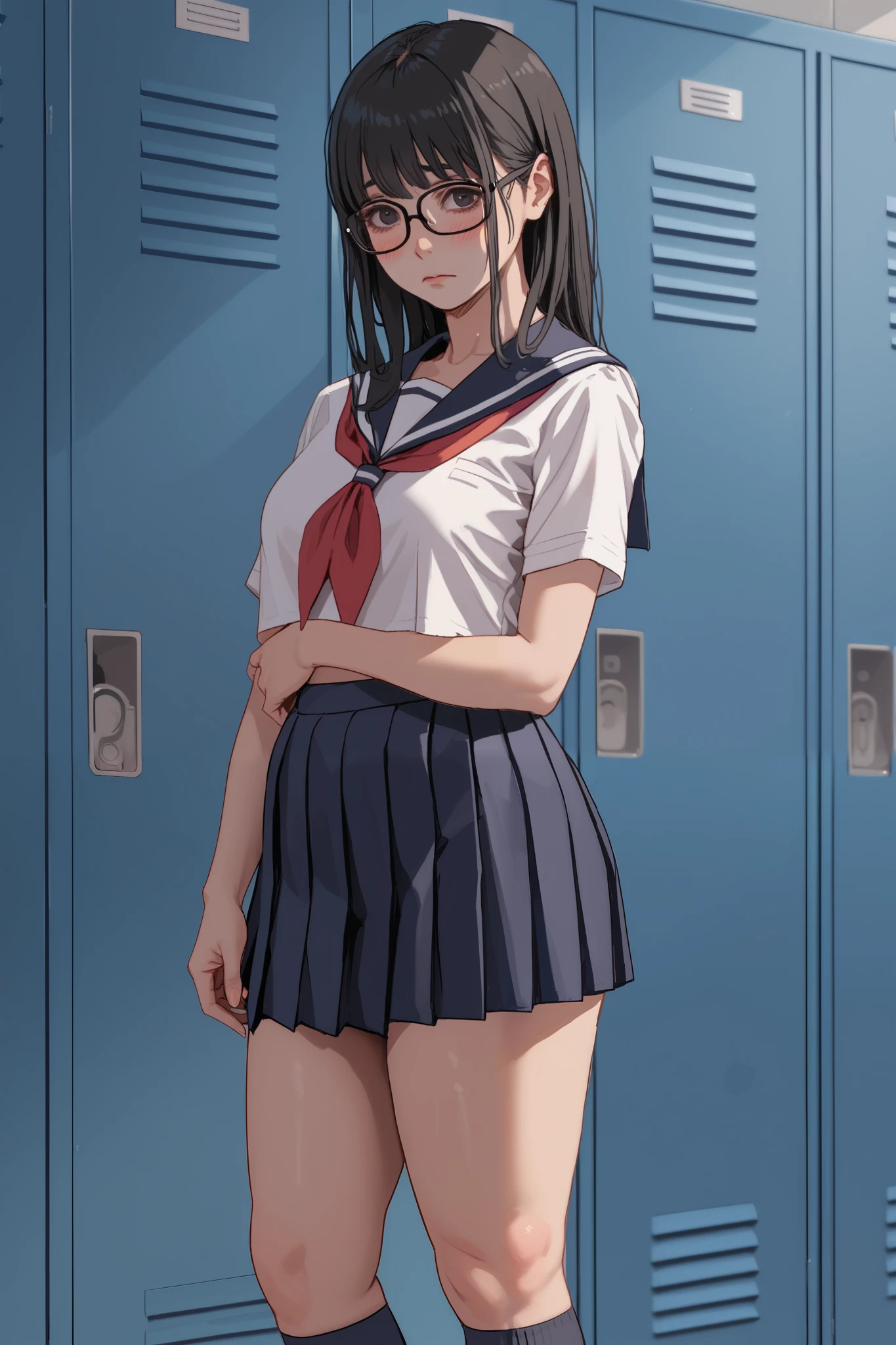 1 girl, long straight black hair, bangs, black eyes, shy face, blushing, voluptuous, sailor school uniform, mini skirt, black knee high socks, dark blue frame glasses, school shoes, locker room, anime style, anime lines, standing, thighs together