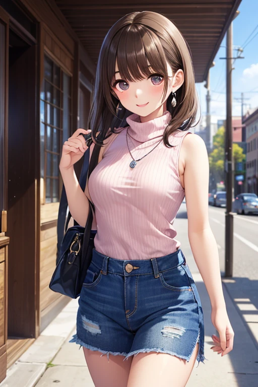 masterpiece , best quality,high resolution,1girls,solo,(short hiar),brown hair,tall,glamorous,hairclip,
denim shorts,black off shoulder,put hands on hips,
,((grin))
shopping mall