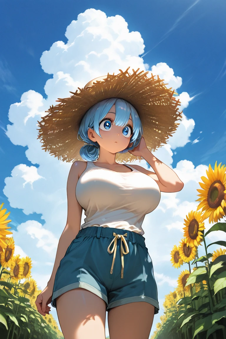 from front, fisheye lens, looking at viewer, breast focus, face, 22yo beautiful 1girl, (bent_over:1.5), outstretched hand, large breasts, sagging breasts, cleavage, white chemise, wet, (spoken heart:1.3), sunflower field, (depth of field:1.3), aqua hair, short hair, volumey messy hair, gleaming skin, strong light coming in, lens flare, straw hat, break (wink:1.5), grin, smile