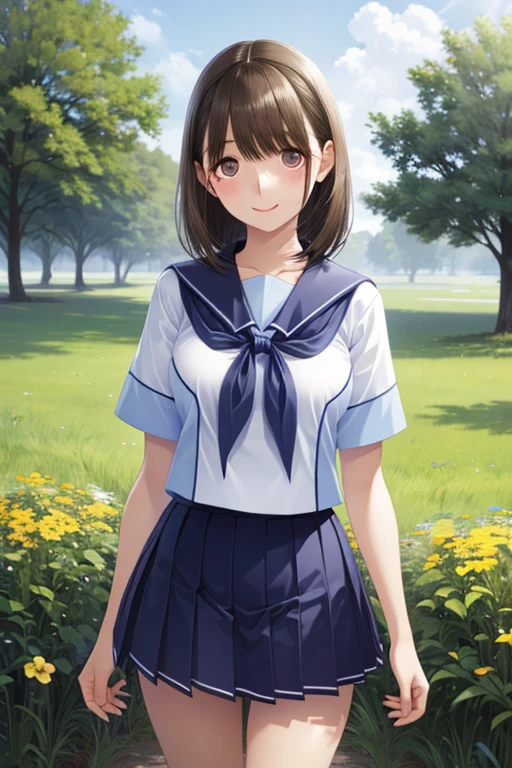 Anegasaki Nene, shiny brown hair, beautiful brown eyes, smiling face, sparkling pupils, (fine grain), highly detailed eyes, highly detailed face, highly detailed eyes,, (masterpiece:1.2, best quality), ((only1 girl)), cowboy shot,
girls, school uniform, In the grassland, Short Sleeve White Sailor Suit、Navy Blue Mini Pleated Skirt、 navy blue neckerchief、とてもshortミニスカート、Bare thighs、short