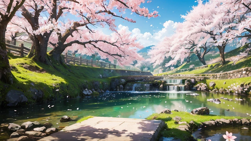 top quality、masterpiece、 Landscape、beautiful scenery、cherry blossoms in full bloom、 petals、4K、photography realistic、real、professional、Vivid Color、Bokeh、Delicate wood texture、soft light、Green leaves、 Compa、 clear sky、 White Clouds 