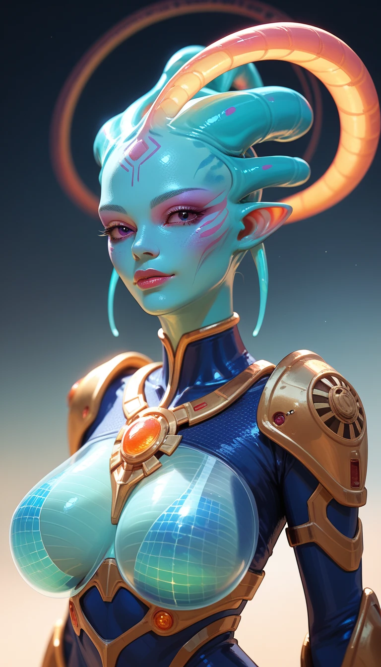 Ancient Extraterrestrial Creature, Alien Being, ((Non-Human)), Female seductive Alien, colorful chitinous skin, Alien clothes, Holographic Heavy armor