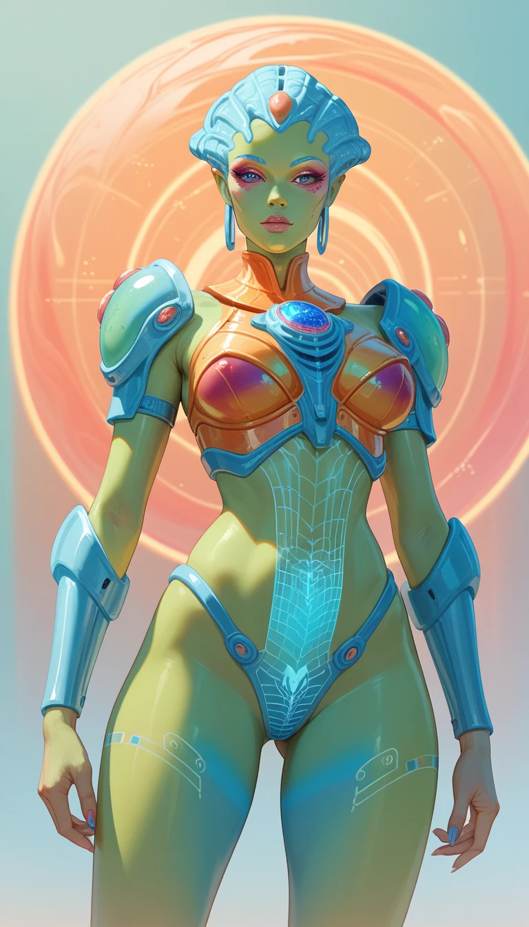 Ancient Extraterrestrial Creature, Alien Being, ((Non-Human)), Female seductive Alien, colorful chitinous skin, Alien clothes, Holographic Heavy armor