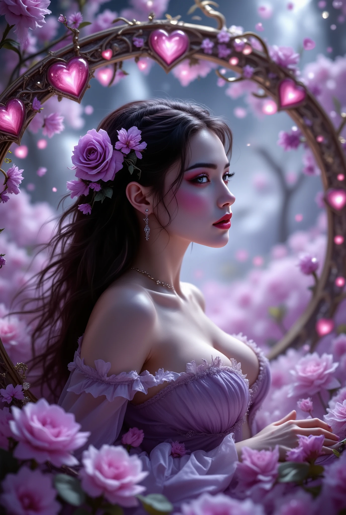 beautiful sexy , Girl, perfect anatomy, Gorgeous shapes, lies on my stomach, chest protrudes slightly , The dress is very Beautiful, with ornaments, face makeup, Appearance Attractive, Darling, Charming, lies on a celestial arch of beautiful hearts, in her hair a beautiful flower of a beautiful purple rose, 8 k, complex details, fantasy style, maximum quality, ((best quality, Masterpiece )),
