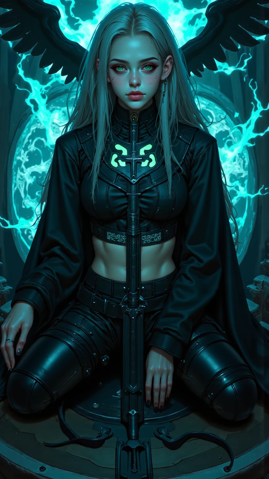 A beautiful woman in a black robe sits on the edge of a cliff - SeaArt AI