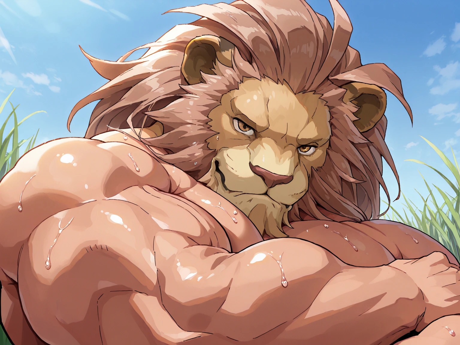 Highest Quality, 4k, masterpiece, first person hug, grass, Amazing Details, highly detailed face, daytime, no background, (LeoRE, large, lion head, brown mane, muscular, looking cute, looking at viewer), biceps, bust portrait, front view, sweaty, low angled view, 