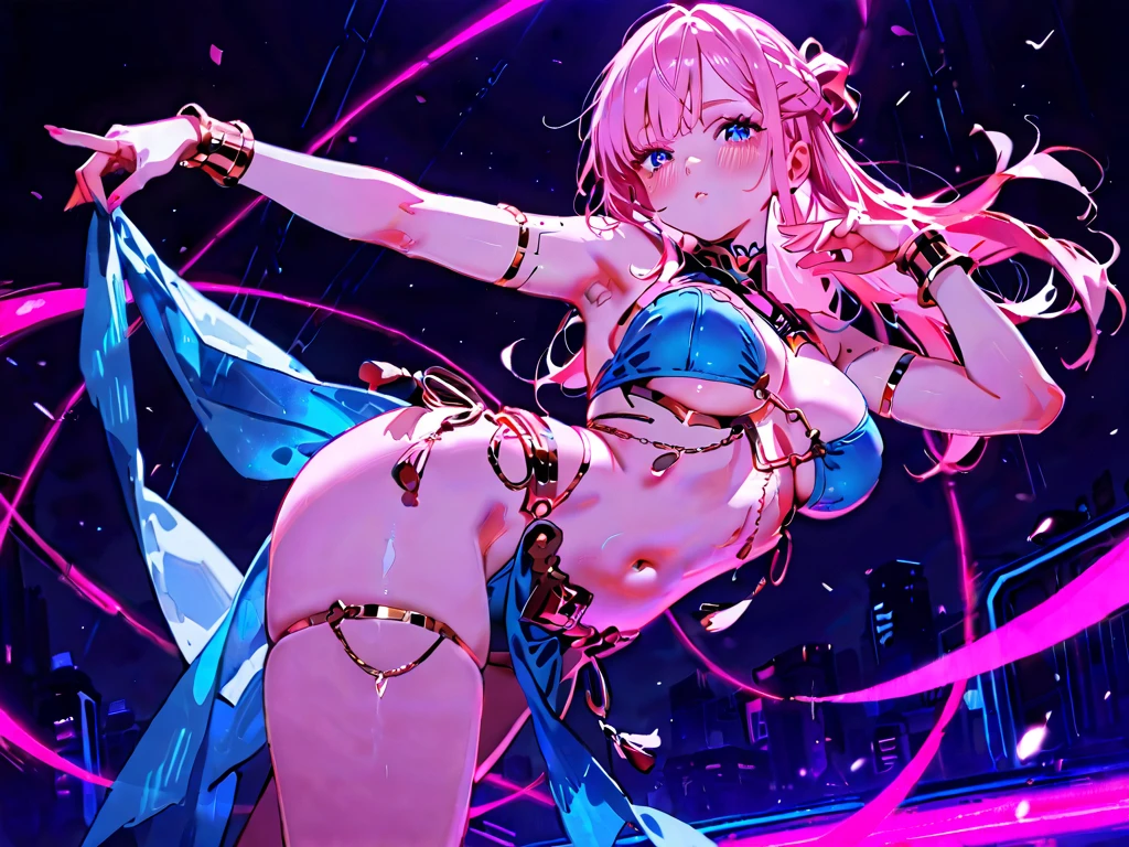 Masterpiece, super high quality anime style illustration, 8K, huge stage event in the dome. Very beautiful 20 year old idols, two beautiful girls dancing with smiles, blue eyes, pink lips, flashy colorful outfits, revealing outfits, cleavage, navel visible, attractive hips, cute buttocks, voluptuous thighs, beautiful legs.
