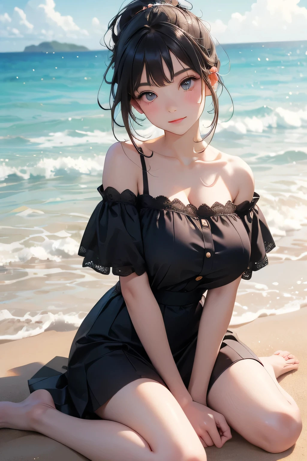 masterpiece、Massive landscape((Mysterious Sea、sand beach))、a beauty girl、huge tit、Brown hair short hair、Embroidery on a long dress 、hair adornments