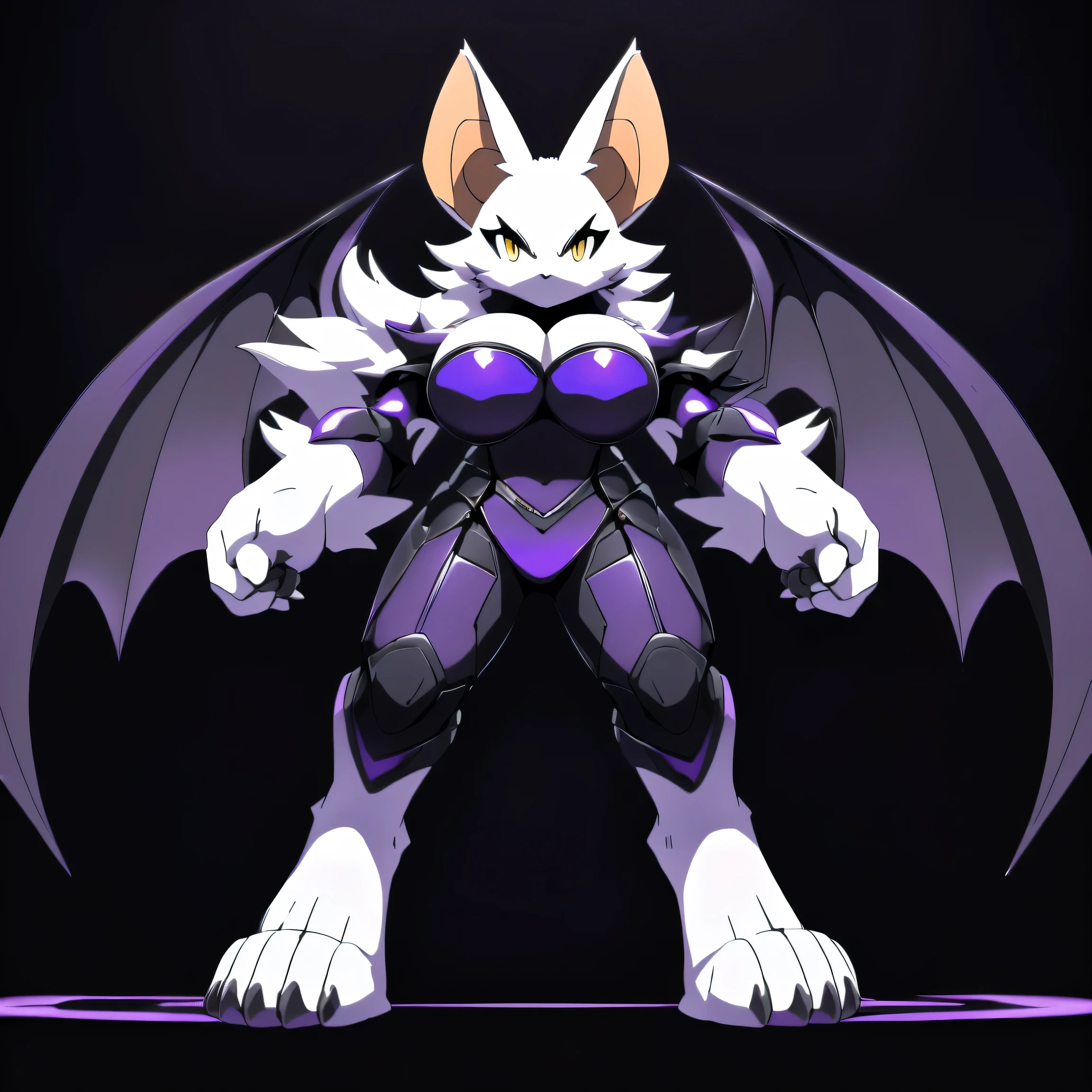 Anime, ((anime style)), ((solo picture)), alone, simple shading, ((action pose)), ((full body picture)), ((plush build)), ((sexy black and purple armor:1.3)), ((bare shoulders:1.2)), ((Tall with large round breasts)), ((tall buxom figure)), ((white fur)), ((white face)), ((white shoulders)), ((bat ears:1.2)), ((neutral expression)), ((yellow eyes)), ((digitigrade legs)), clean lines, ((white legs)), ((short claws:1.2)), ((adult aged)), ((bat wings)), ((huge bat wings)), ((black and purple bat wings:1.2)), ((single pair of wings:1.2)), ((white paws)), ((four toes)), ((digitigrade feet)), ((solid black background:1.5))
