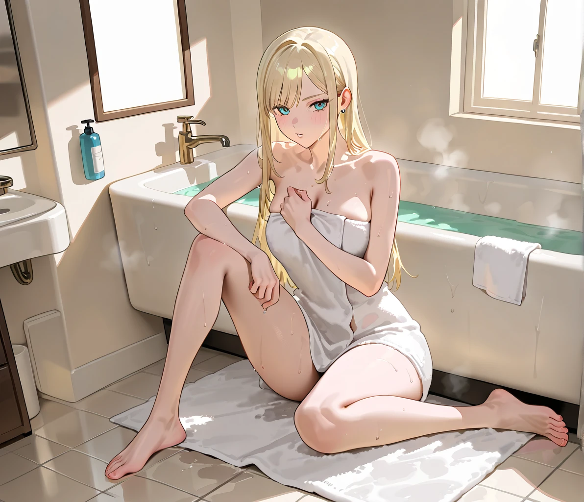 (Crossdresser),blonde low twintails,bath towel,H expression,,Groin bulge