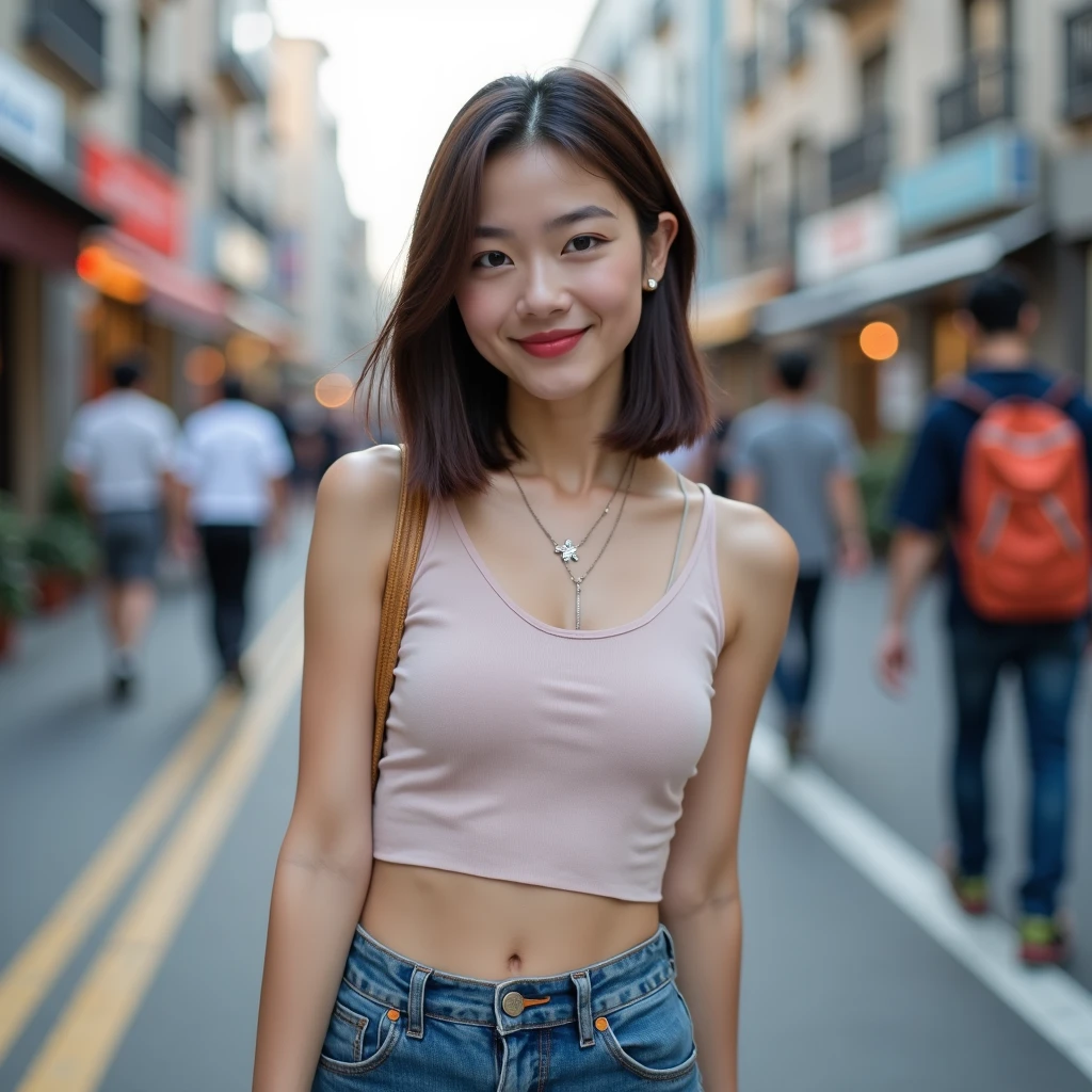 Photorealistic portrait of a fabulous, film grain, Highest quality, Ultra-high resolution, Japanese woman, 25years old, Height: 165 cm, slim,  long face, fashion model posing,looking at the camera, short hair, shoulder length, brown hair, shy smile, flirty, jeans, necklace, at street, Walking, Leaning Forward