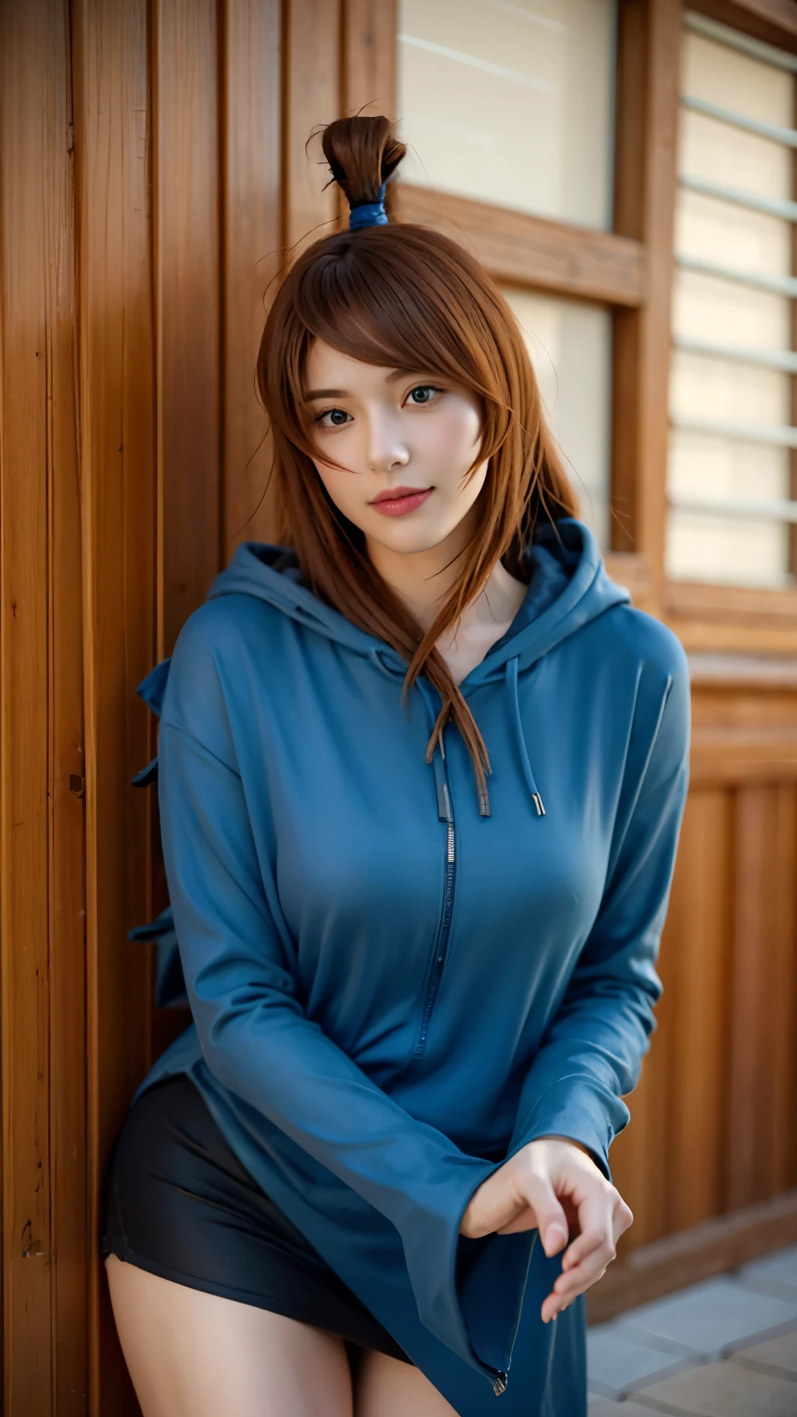 "A highly realistic depiction of a beautiful woman resembling Terumi Mei from Naruto Shippuden in real life. She has long, flowing auburn hair, bright green eyes, and a warm, confident smile. She is wearing a stylish hoodie, blending modern fashion with a touch of elegance. The hoodie is slightly oversized, giving her a casual yet attractive look. Her makeup is subtle, emphasizing her natural beauty. The background is softly blurred, suggesting an outdoor urban setting or a cozy indoor environment. The lighting is natural and flattering, enhancing her radiant complexion and expressive eyes."