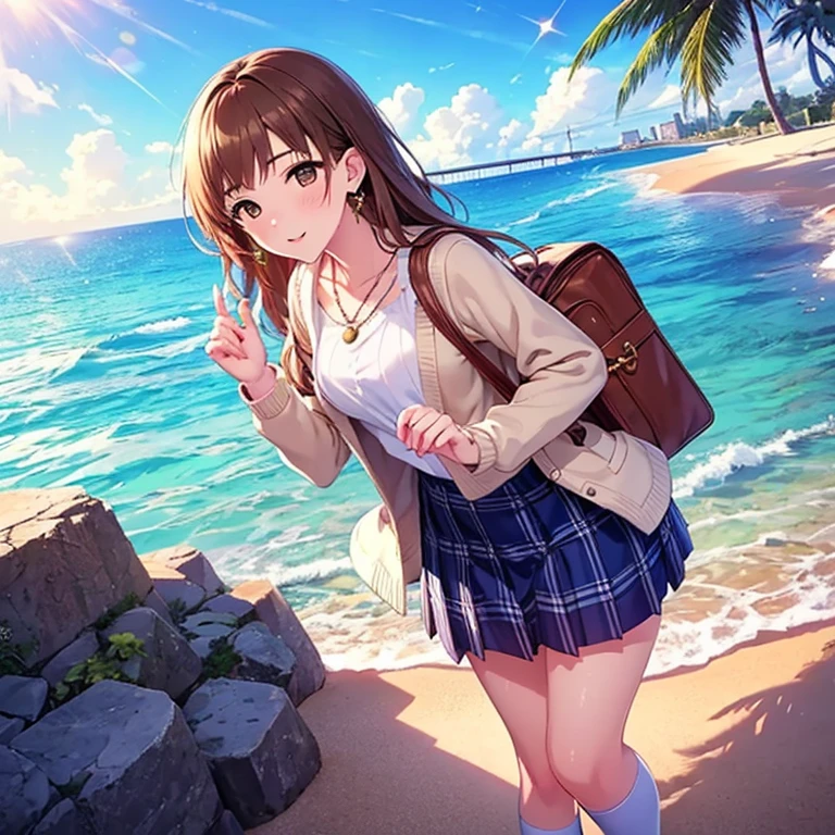 {Highest quality], [Super beautiful], [Ultra fine], [Best illustration], NSFW,Brown Hair, Hime cut,Bangs,girl,,uniform,knit cardigan,Short sleeve,skirt,smile, blush, Slender women,Standing posture,At the Beach,Summer festival,diagonal, barefoot,diagonal後ろから